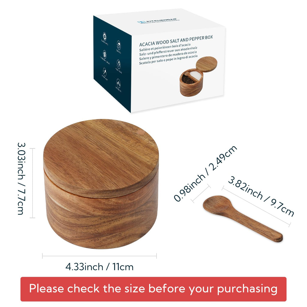 KITCHENDAO Salt and Pepper Bowl, Acacia Wood Salt Cellar with Magnetic Swivel Lid and Spoon, Spice Container with 2 Compartments for Storing Salt, Pepper, Spices, Dual 5OZ Capacity