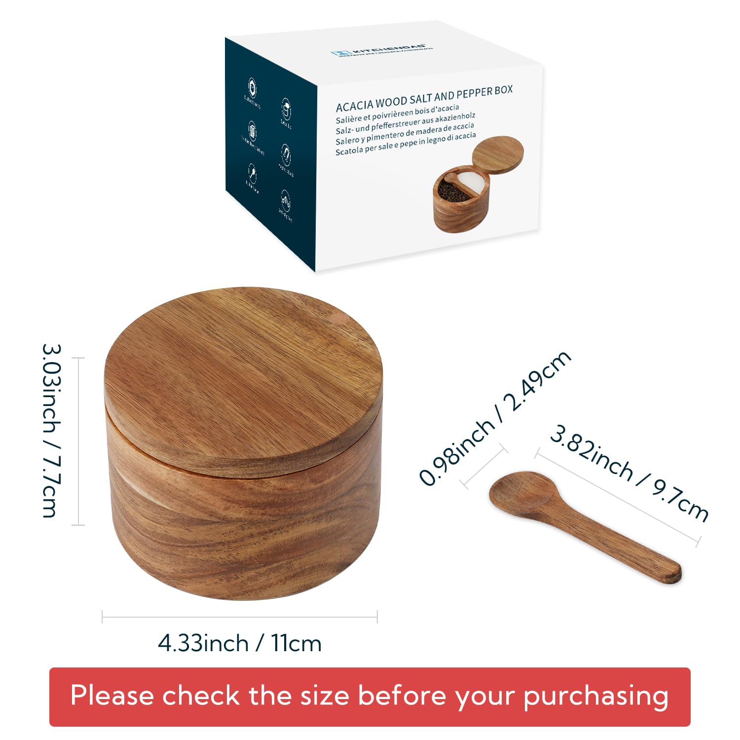 KITCHENDAO Salt and Pepper Bowl, Acacia Wood Salt Cellar with Magnetic Swivel Lid and Spoon, Spice Container with 2 Compartments for Storing Salt, Pepper, Spices, Dual 5OZ Capacity