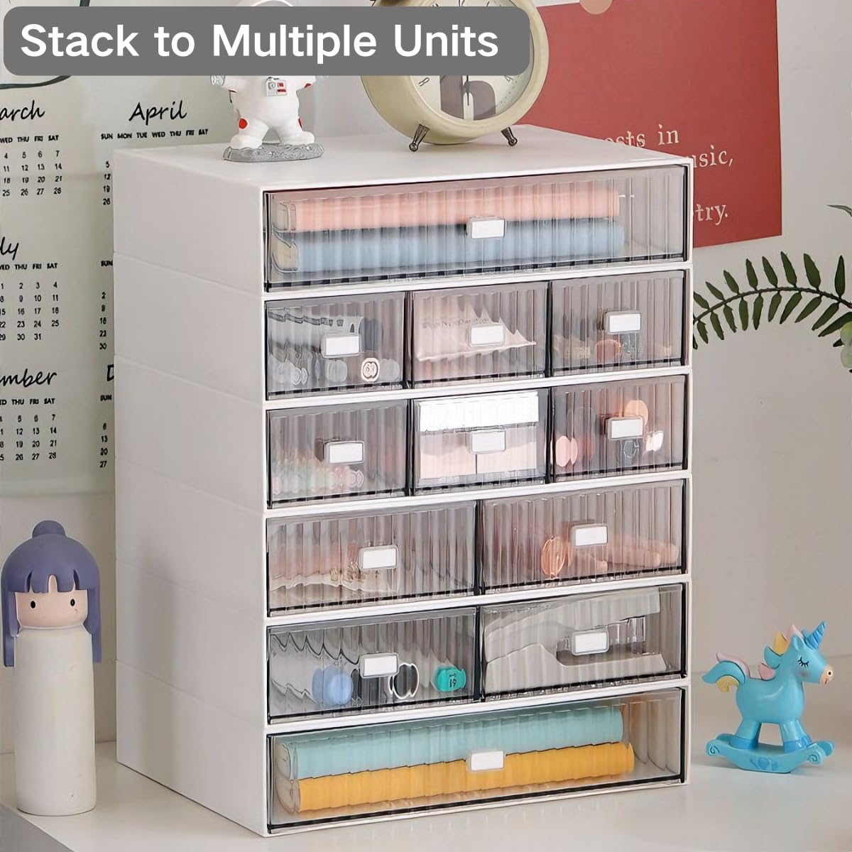 Hacaroa 3 Tier Mini Desk Organizer with 6 Drawers, Plastic Desktop Drawers Storage Box, Stackable Makeup Organizer Craft Storage Case for Office, School, Bathroom, Detachable Design, White