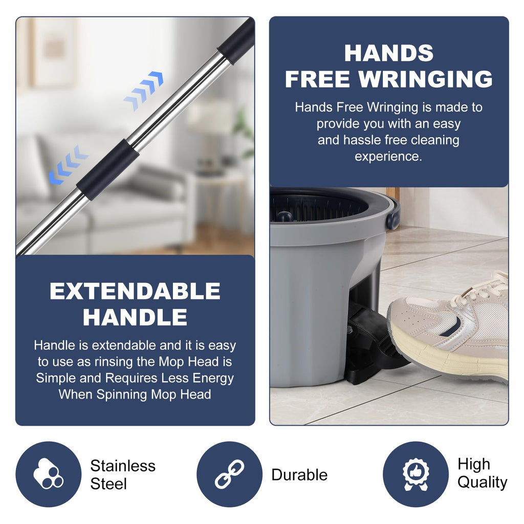 Spin Mop and Bucket System with180-Degree Rotating Head Telescopic Handle Dual Chamber Bucket Floor Cleaning Set with 3 Mop Refills Dual-Function Wringing Hand-Press and Foot-Pedal