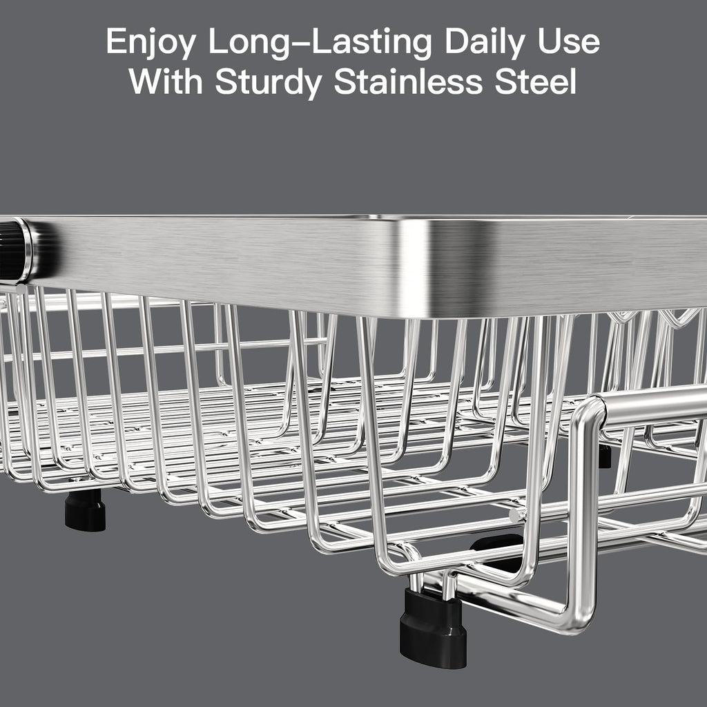 MAJALiS Dish Drying Rack in Sink, Expandable Stainless Steel Over Sink Dish Rack, Adjustable Capacity Dish Strainers for Kitchen Sink Counter with Utensil Holder, Silver