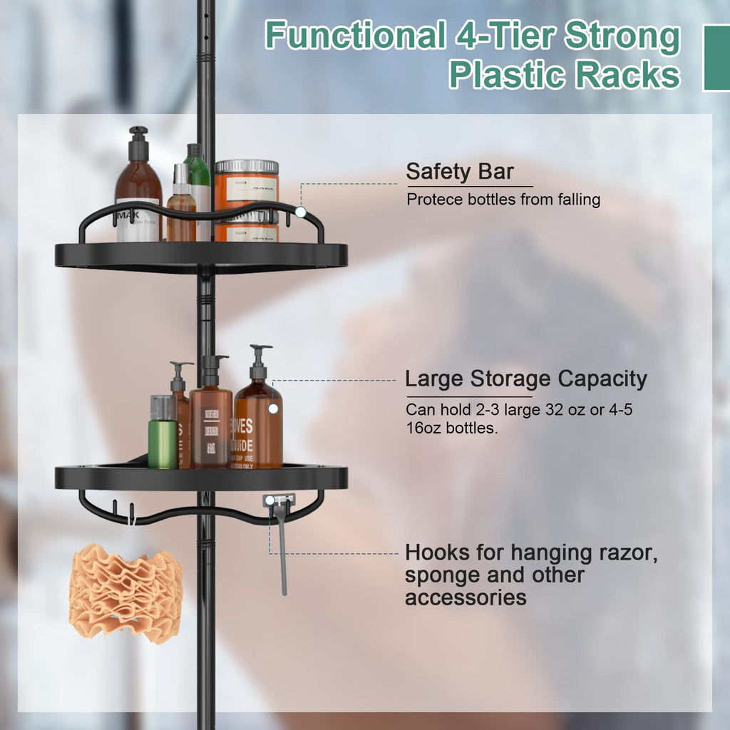 COCONUT Shower Caddy Tension Pole, Corner Shower Caddy Rust Proof 4 Tier Shower Organizer, Drill Free Telescoping Shower Shelves for Bathroom Bathtub (Black)