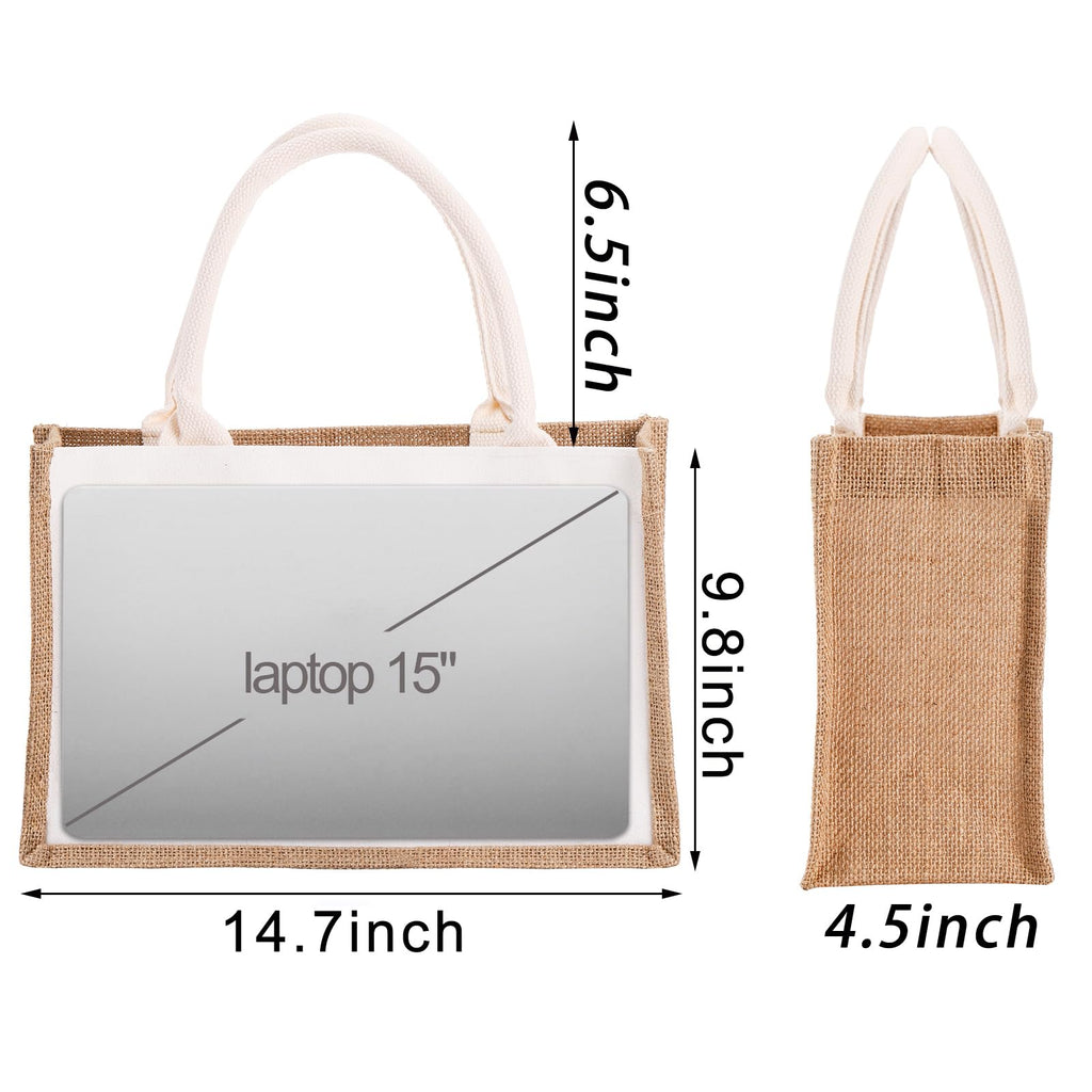 SOUJOY 6 Pack Burlap Tote Bag, Reusable Jute Gift Tote with Handles, Beach Tote Bags for Women, 14.7''x9.8''x4.5'' Canvas Grocery Shopping Tote for Bridesmaid, DIY, Shopping,Wedding Gift Bag