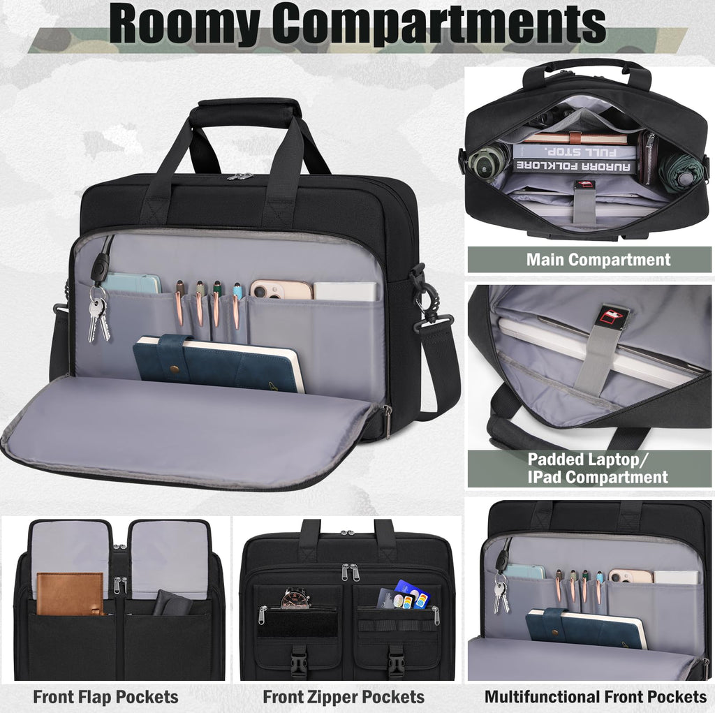 RAINSMORE Tactical Laptop Bag 17.3 Inch Laptop Briefcase Men Business Computer Bag Large Laptop Case Waterproof Military Shoulder Messenger Bag Work Office Travel, Black