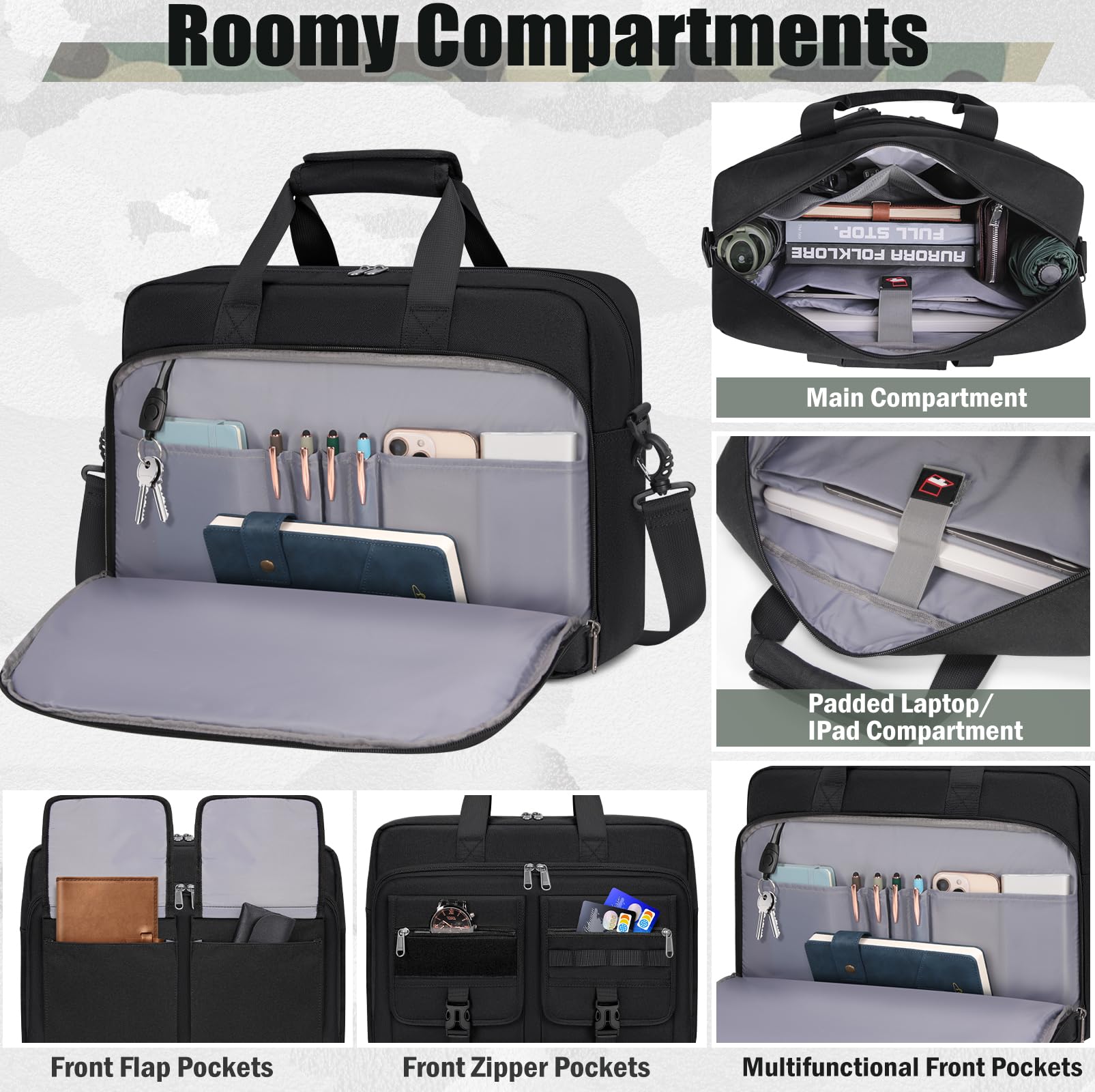RAINSMORE Tactical Laptop Bag 17.3 Inch Laptop Briefcase Men Business Computer Bag Large Laptop Case Waterproof Military Shoulder Messenger Bag Work Office Travel, Black