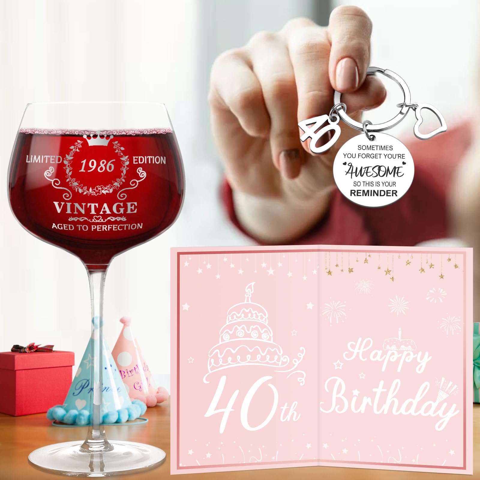 40th Birthday Gifts for Women,Vintage 1986 Platinum Print Wine Glass, 40th Birthday Decorations for Women, 1986 40 Year Old Gift Ideas for Her, Wife, Friends - 16Oz Wine Glass