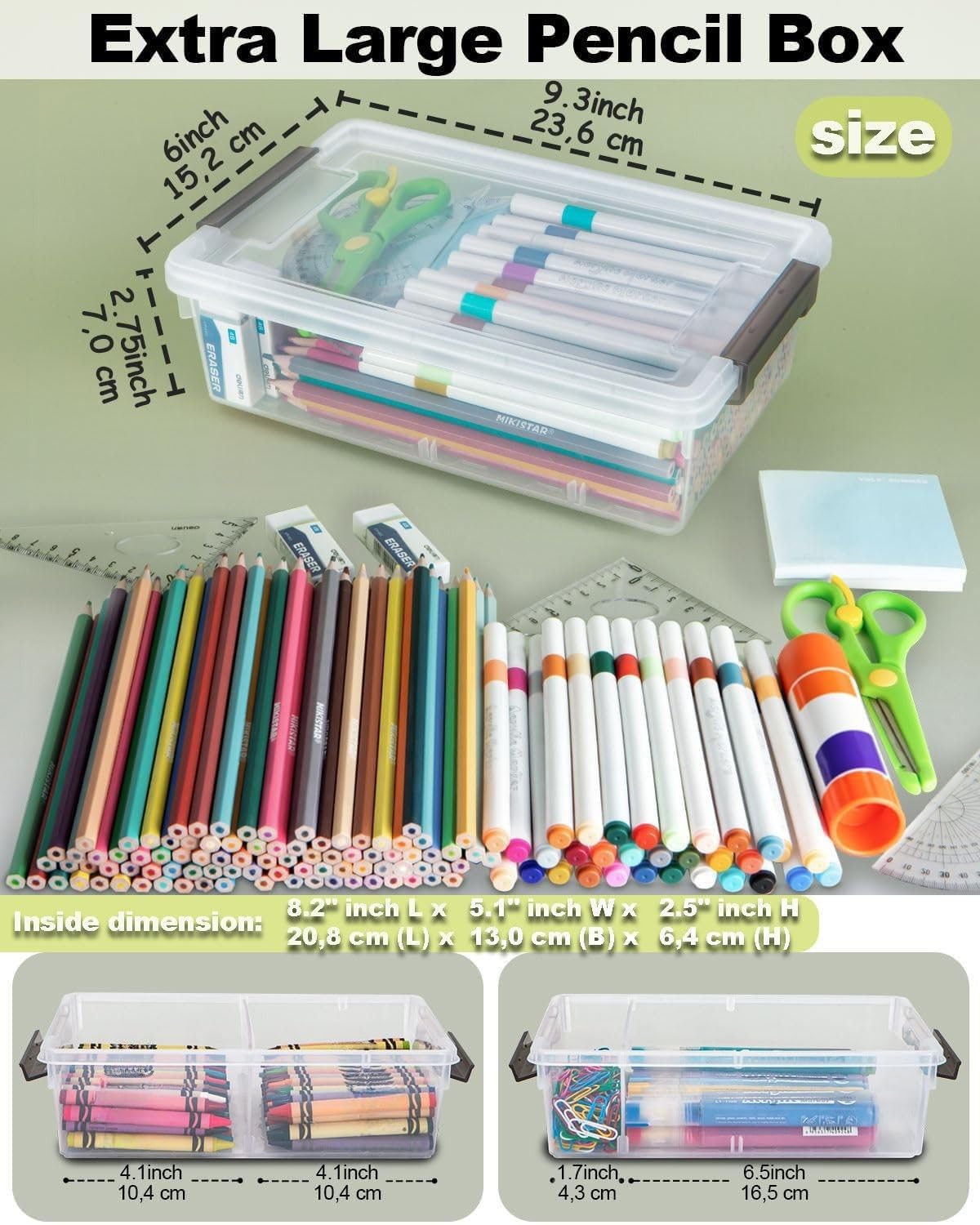 GEOPHIA 12 Pack Extra Large Pencil Box with Removable Dividers, Thickened Plastic Pencil Case Bulk, Clear Crayon Storage Box Stackable Marker Organizer Containers for Pen, Craft, Art (12 Pack)