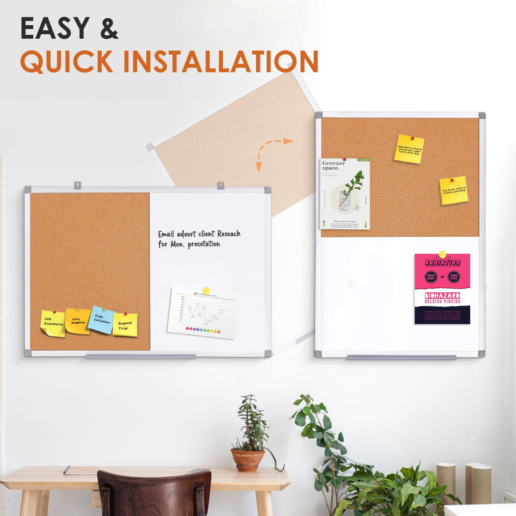 Cork Board and Dry Erase Board Combo Bulletin Board Combination Magnetic WhiteBoard Pin Notice Board for Home Office School with 4 Dry Erase Maker+6 Magnets+12 Pushpins, 24x18inches