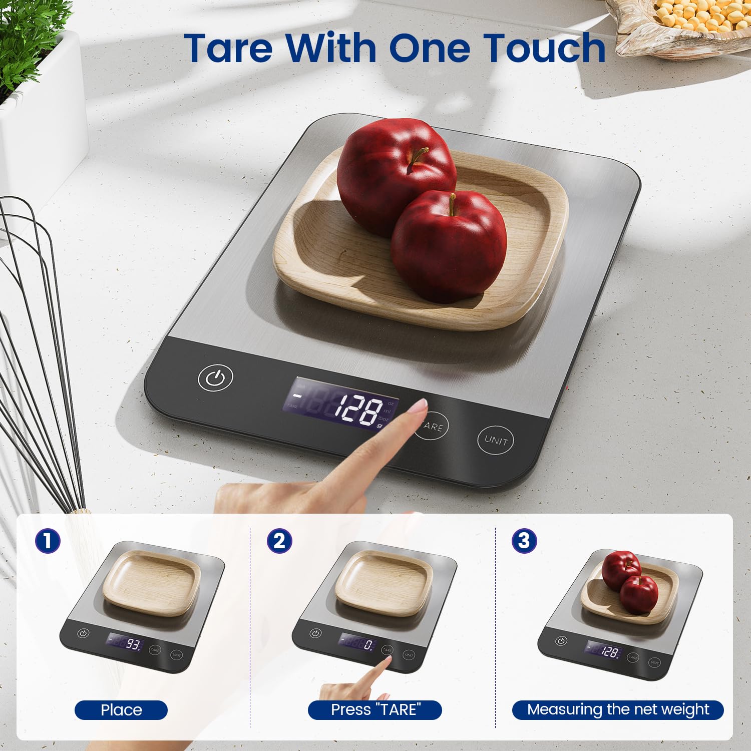 【Rechargeable & 33lb 】 Digital Kitchen Scale, USB C Electronic Kitchen Scale, 15 kg, High Precision 1 g/0.1 oz Food Scale, Professional with Hard Function, Batteries Included (B1)
