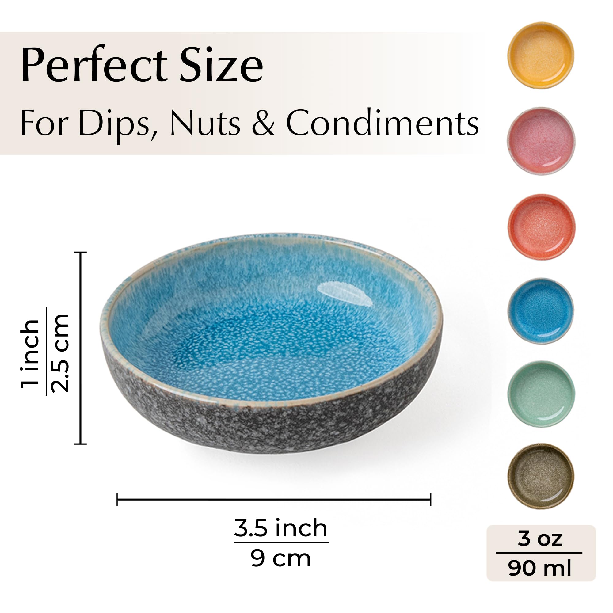 MIAMIO - Mini Dipping Bowls Set of 6 (90 ml) / Side Dish Bowls, Soy Sauce Dish, Dip Bowls, Small Snack Bowls - Las Palmitas Collection