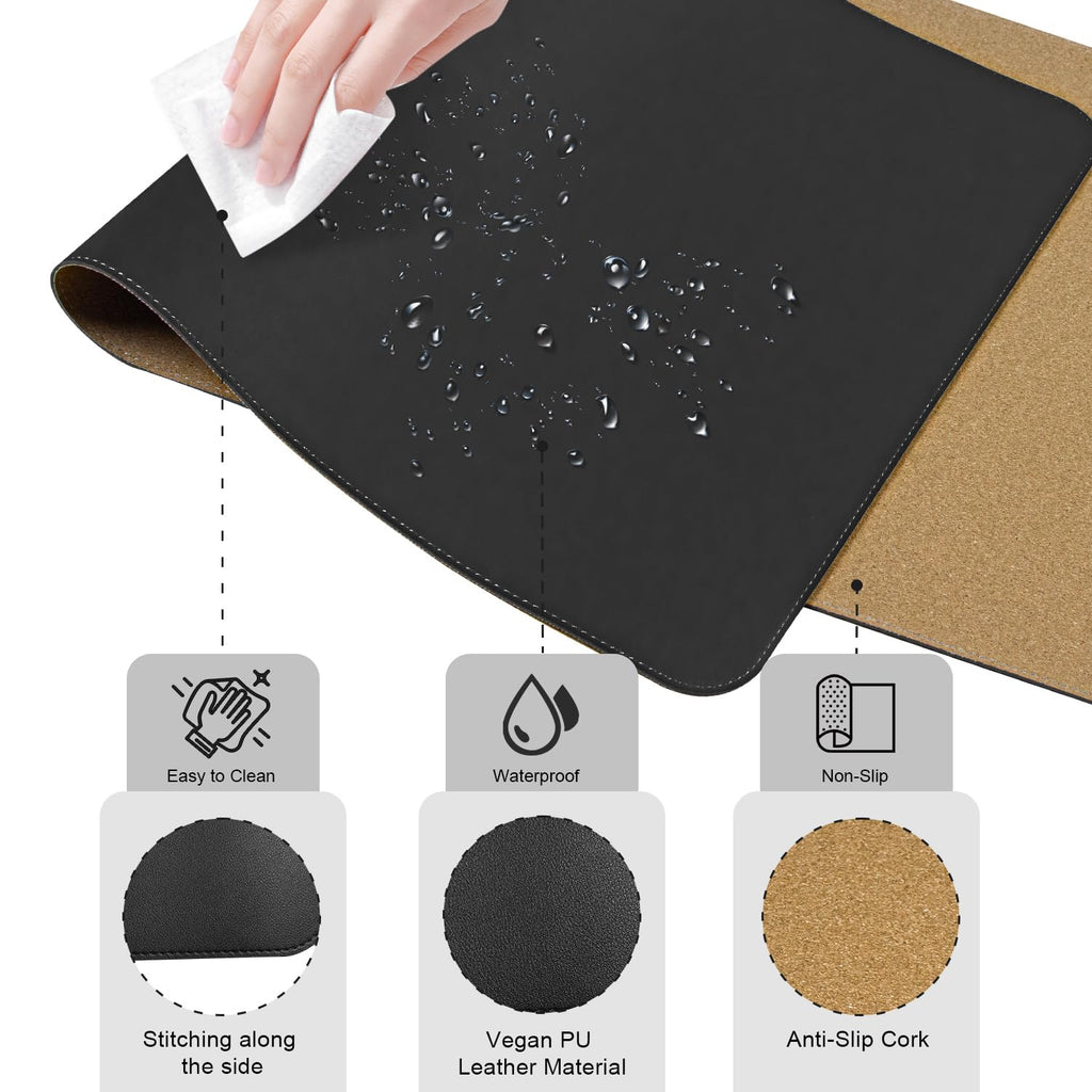 Non Slip Desk Mat, 31.5" x 15.7" PU Leather Desk Pad, Cork Desk Mat for Desktop, Desk Pad for Keyboard and Mouse, Ideal for Office and Home, Black