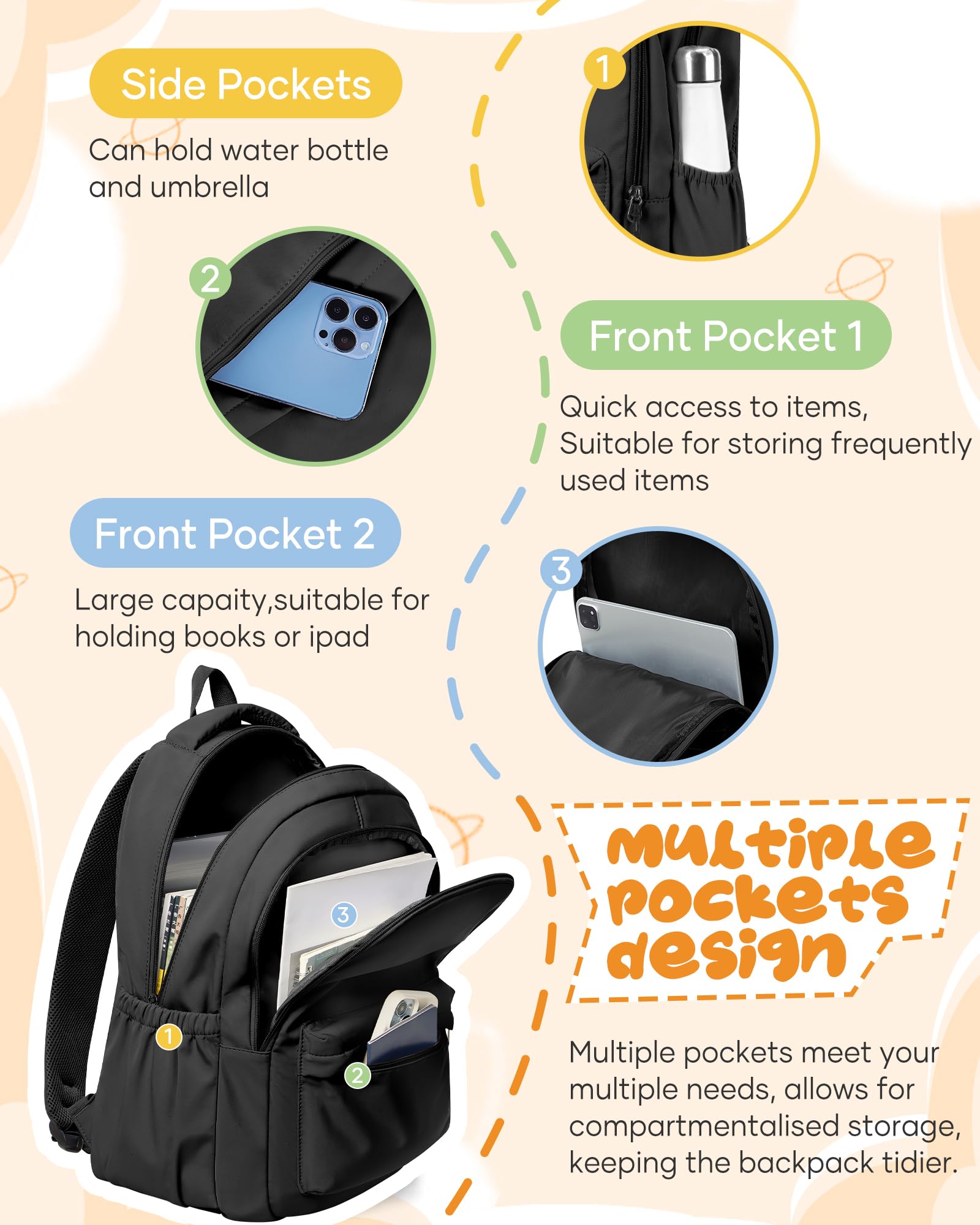 School Backpack for Women Men College High School Bag for Boys Girls Casual Daypack Laptop Backpack Waterproof Bookbag Black