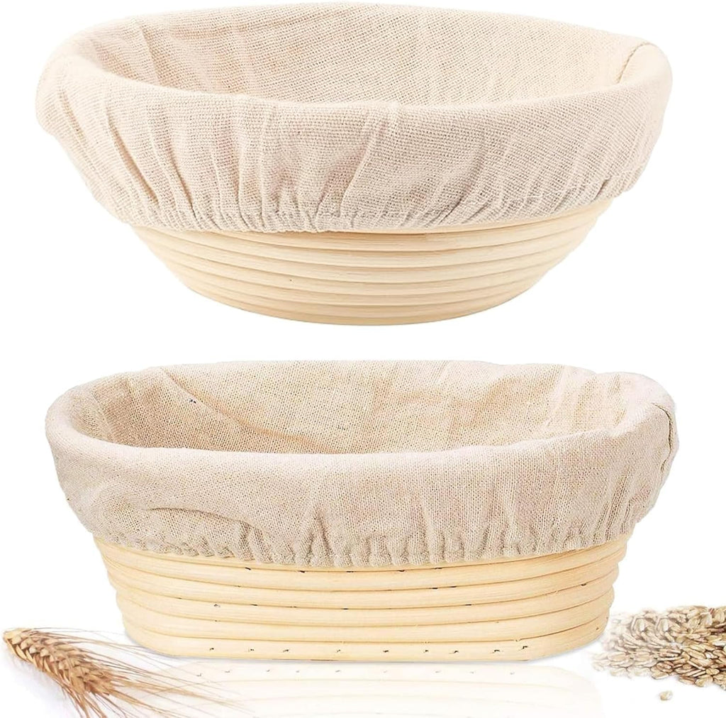 Sourdough Bread Baking Supplies, 2 Pack Banneton Bread Proofing Basket 10 inch Round & 10 inch Oval Proofing Bowls for Sourdough Bread with Liner for Making Baking Fermentation Tools