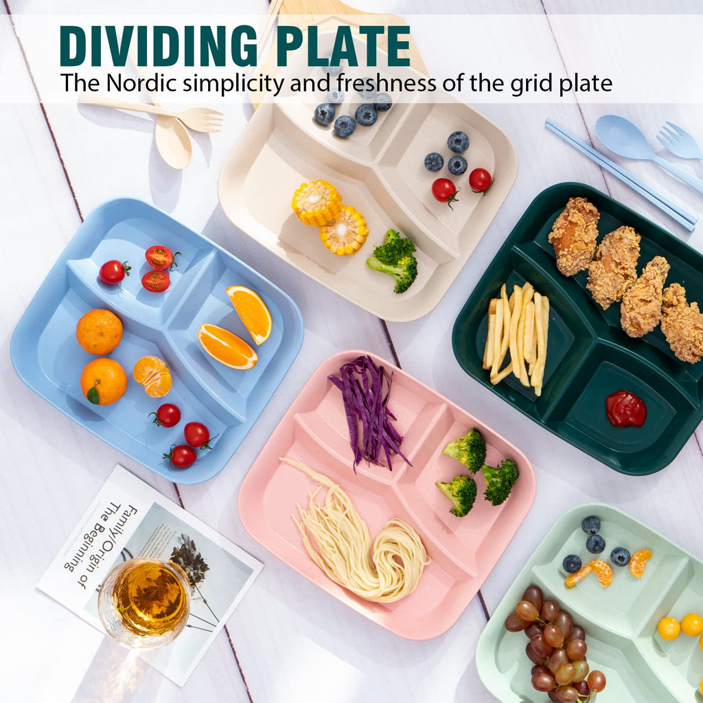 Unbreakable Divided Plates 10 Inch 5 PCS, Reusable Wheat Straw Dinner Plates, Microwave and Dishwasher Safe, Perfect for Kids and Adults.…