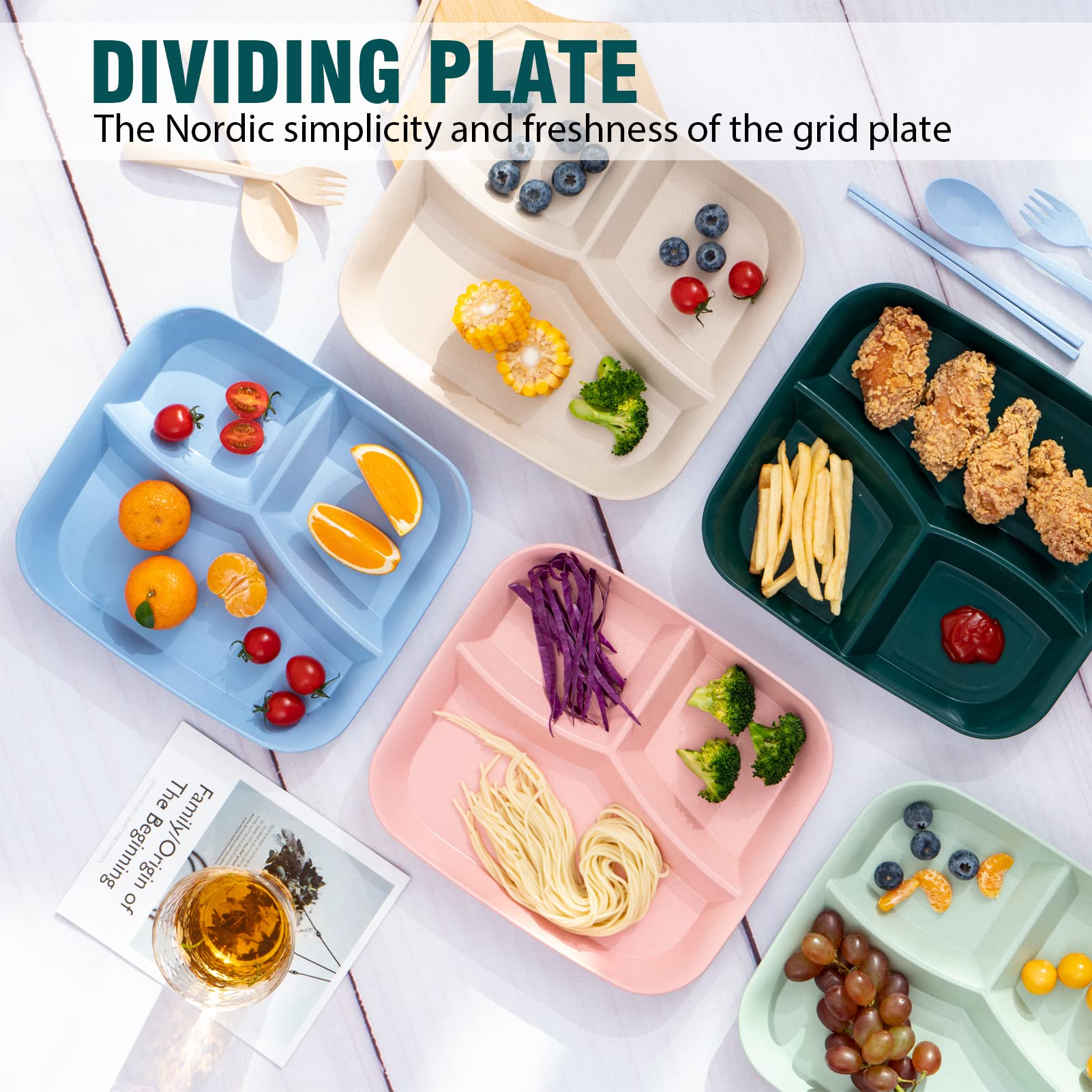 Unbreakable Divided Plates 10 Inch 5 PCS, Reusable Wheat Straw Dinner Plates, Microwave and Dishwasher Safe, Perfect for Kids and Adults.…