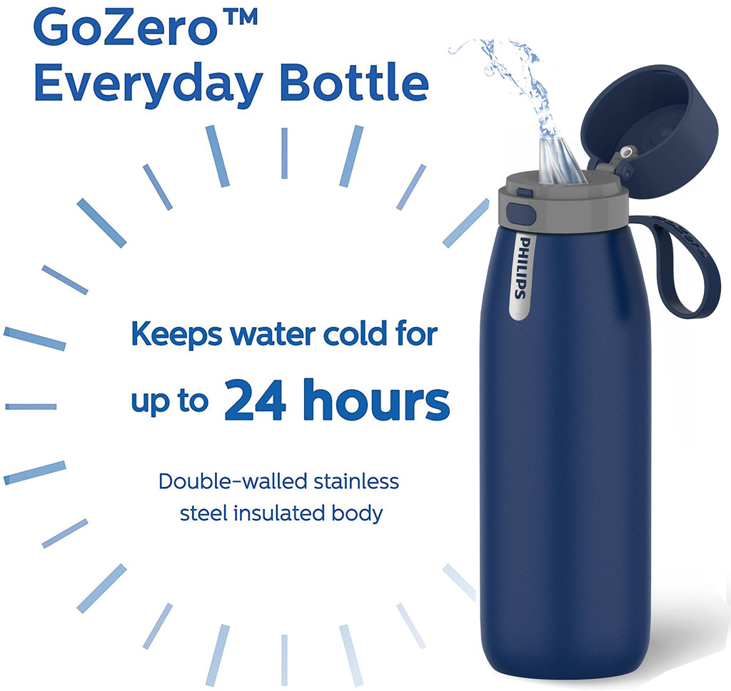 PHILIPS Stainless Steel Filtering Water Bottle - AWP2772, 32 oz Insulated Water Bottle with 1 Filter Lasts 2 Months or 40 Gallons, Replaces 450 Plastic Water Bottles, BPA-Free, Reusable, Blue