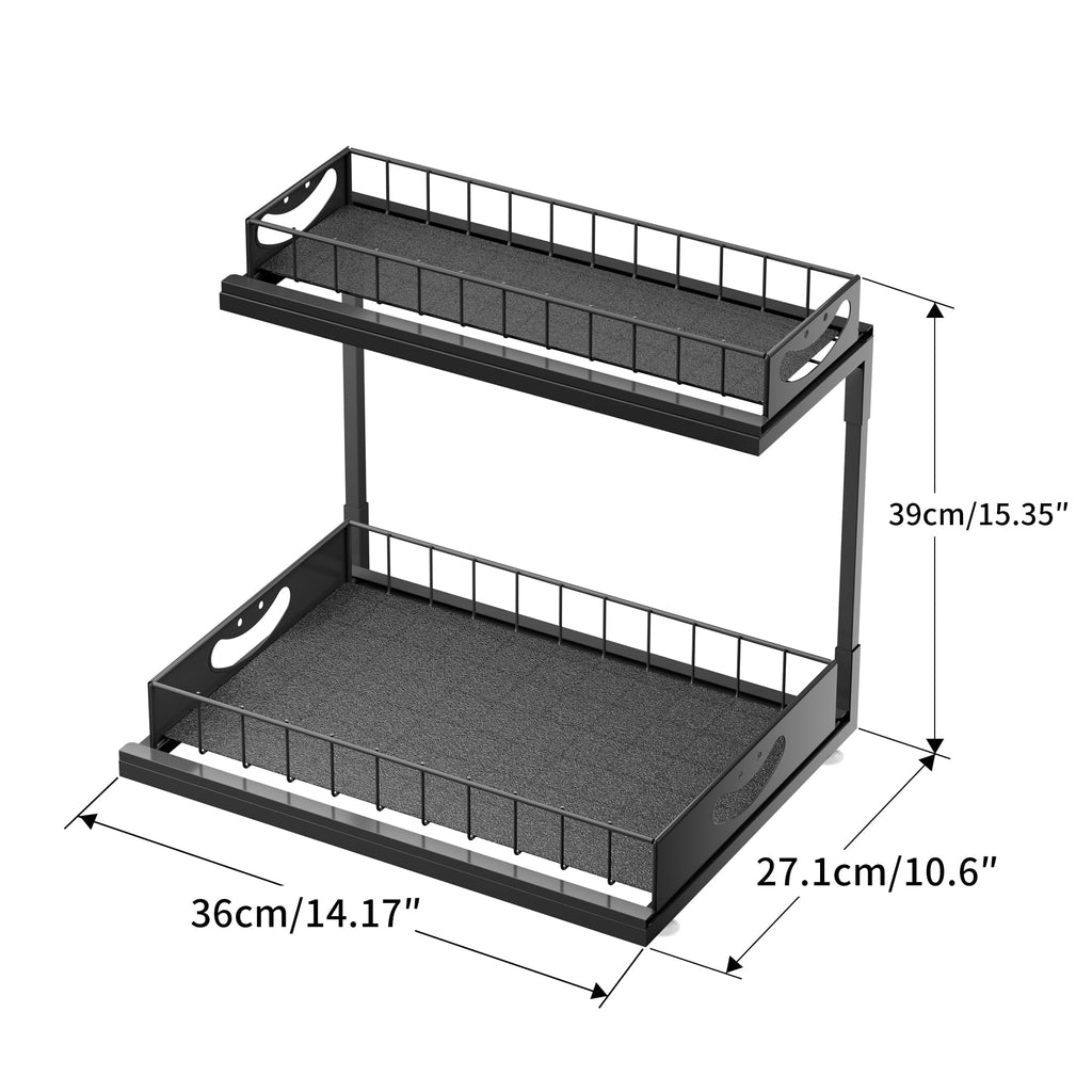 JAQ Under Sink Organizer, 2 Tier Metal Slide Out Under Cabinet Storage Shelves Rack for Kitchen Bathroom Pantry Lanudry, Attractive Emoji Smile Handle (Black, 1 Pack)