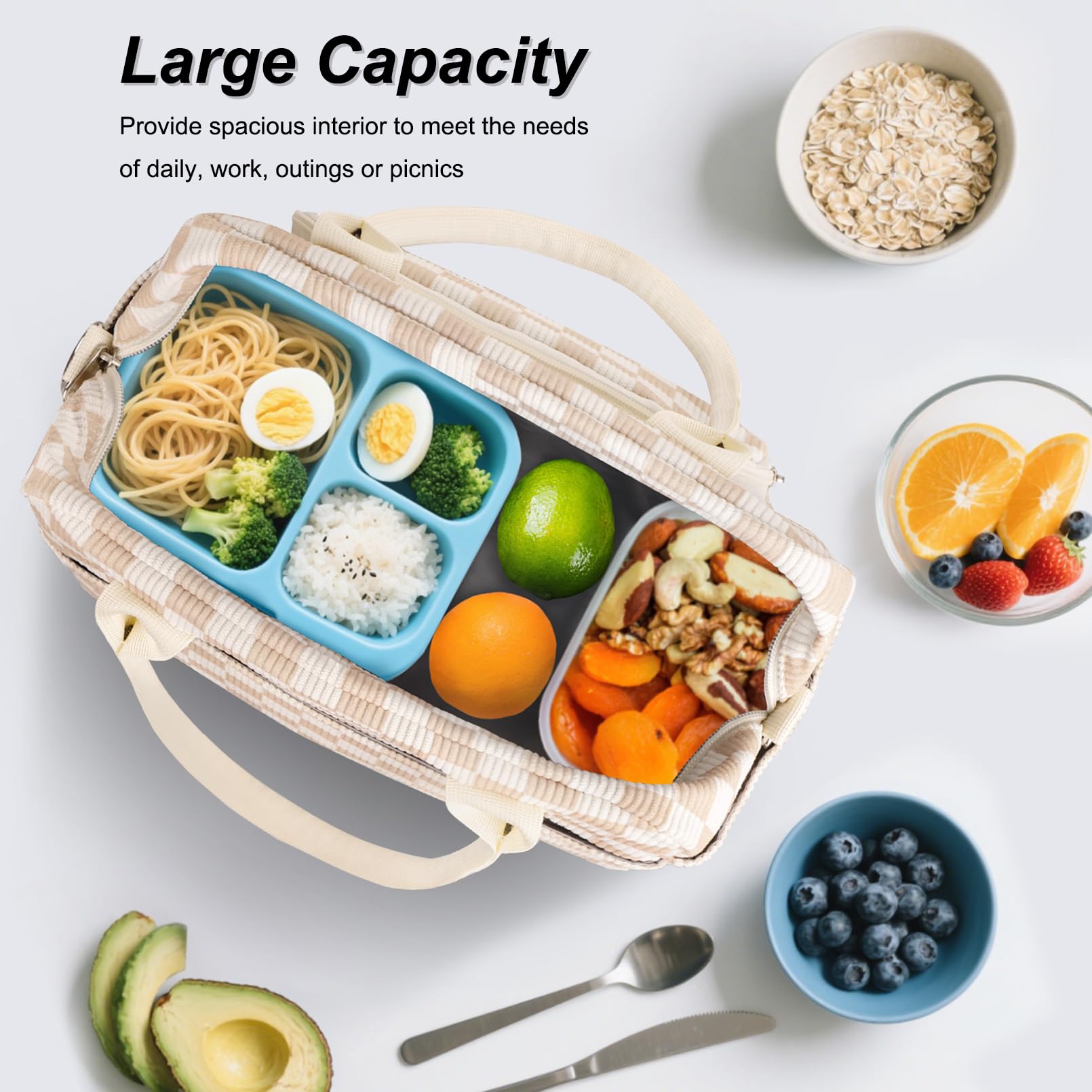 FITDON Insulated Lunch Bag for Women Men, Large Lunch Box Container Leakproof Corduroy Cooler Bag Lunch Tote Bag for Work Picnic, Light Checkerboard