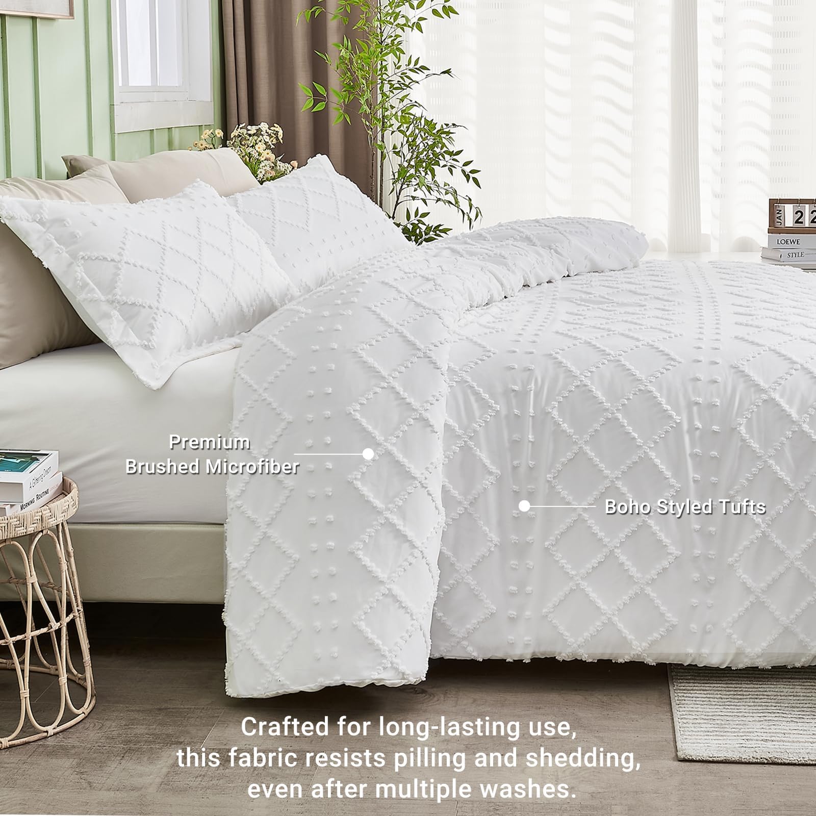 HYMOKEGE Duvet Cover Queen Size, Boho Tufted Duvet Cover Set 3 Pieces, Soft & Lightweight Shabby Chic, Embroidery Bedding Set for All Seasons, 90" × 90" & 2 Pillow Shams, White