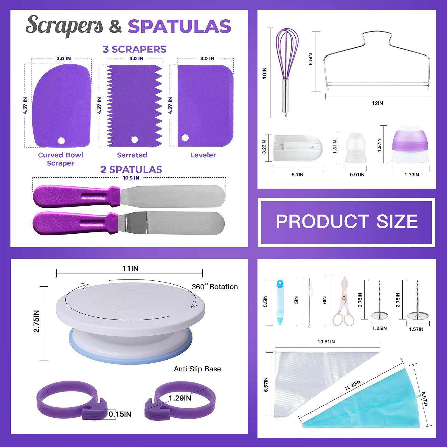 BESUNTEK Cake Decorating Supplies Kit with Turntable, 137 Pcs Reusable Stainless Steel Professional Cake Decorating Kit, Piping Bags, Baking Supplies, Purple