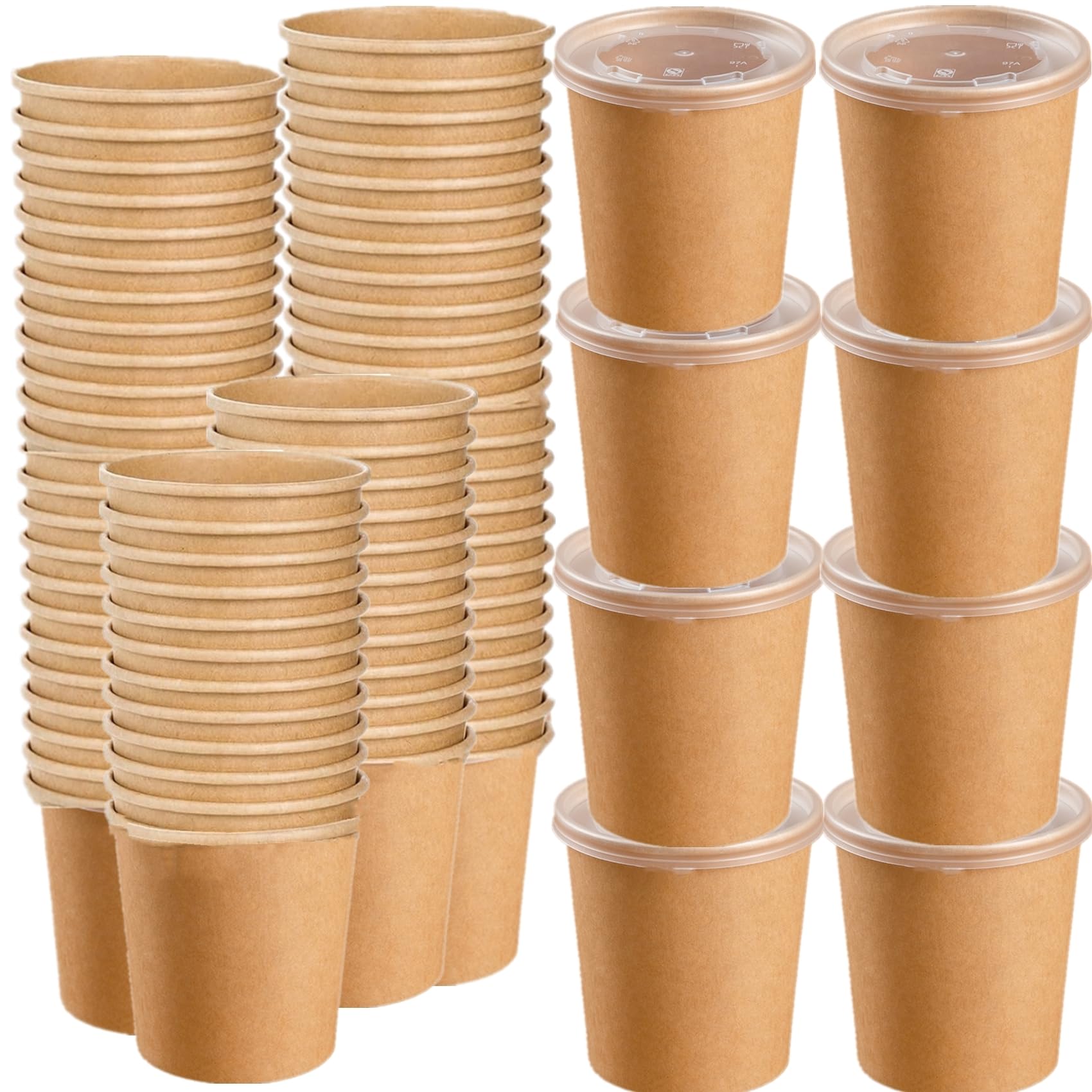 HningBuyox 80 Pack Paper Food Containers with Lids, 16 Oz to Go Hot Soup Bowls, Disposable Ice Cream Take Out Cups for Christmas Thanksgiving Microwavable Safe, Brown