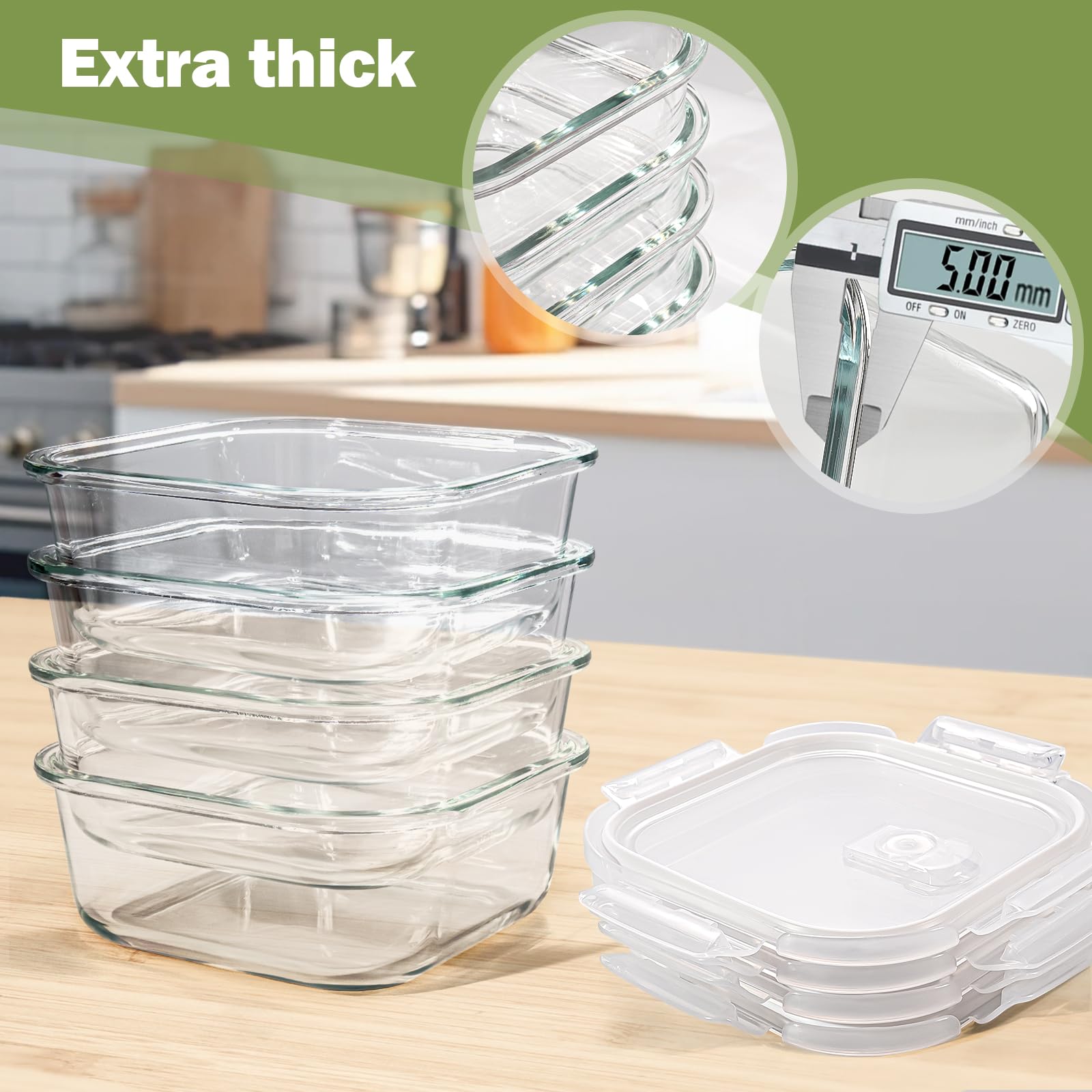 Glass Container Food Storage 24 oz, 3 Cup Small Glass Containers with Lids, Oven Safe Food Storage Containers, Freezer Containers for Kitchen, Take Out and To Go, Soup Container for Food Prep, 4 Pack