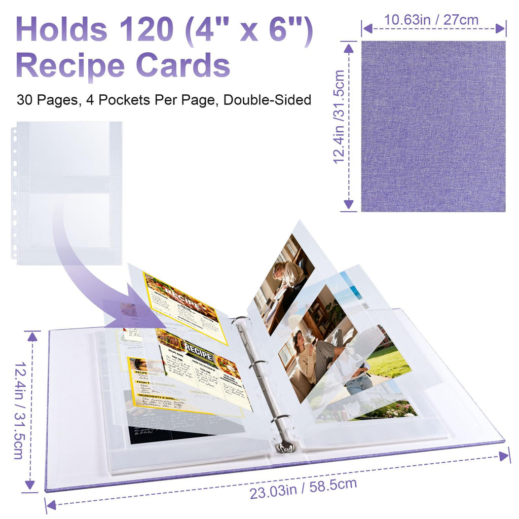 30 Pack 120 Pockets 4x6 Recipe Card Sleeves,3 Ring Binder Recipe Card Protector Pages，Double Sided 2 Pocket Refill Sheets for Recipe Book, 8.5x11 Inch Top Loading Clear Sleeve Sheets