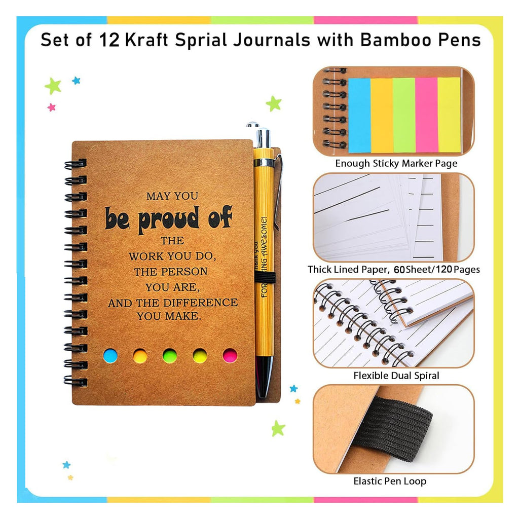 12 Sets Employee Appreciation Inspirational Spiral Notebook Journal with Sticky Note Notepad Motivational Bamboo Ballpoint Pen Bulk for Nurse Teacher Student Coworker Thank You Present