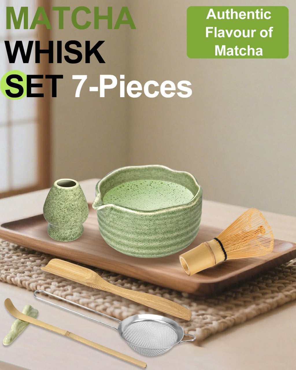 Matcha Set Matcha Tea Set 7 Pcs - Bamboo Matcha Whisk, Matcha Bowl with Spout, Matcha Whisk Holder, Sieve, Spoon and Holder, Japanese Matcha Accessories for Matcha Lover - Classic Green