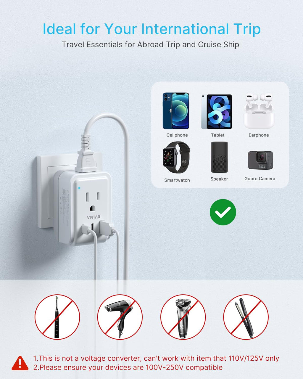 1 Pack European Travel Plug Adapter, VINTAR Foldable International Power Plug with 2 AC Outlets 3 USB Ports(2 USB C), Type C Travel Essentials Charger for Canada to Most of Europe Italy Spain France