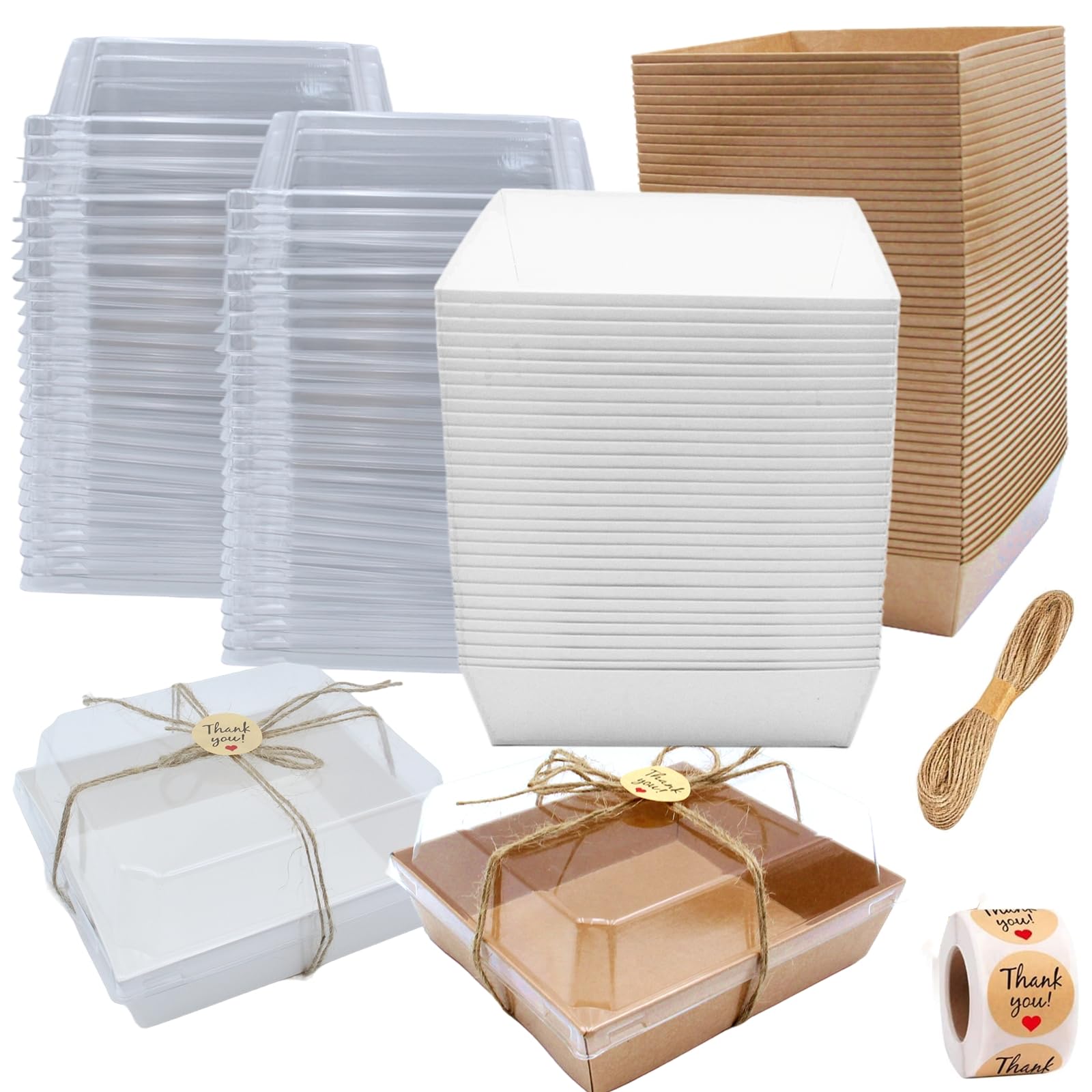 Zentriqlla 100 Pack Charcuterie Boxes with Clear Lids, Disposable Bakery Dessert Containers, To Go Treat Boxes with Twine & Stickers for Sandwich, Snacks, Cakes, Weddings, Strawberries, 5"x5"x2.6"