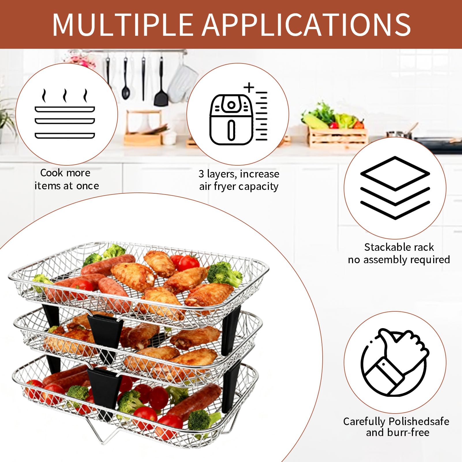 GWYXC 3-Tier Air Fryer Baskets, 7.79×5.23" Stackable Stainless Steel Racks for Ninja Foodi Dual Zone DZ071 DZ090 DZ201 DZ302 DZ401 DZ550 SL401, Rectangular Air Fryer Accessories with Silicone Feet
