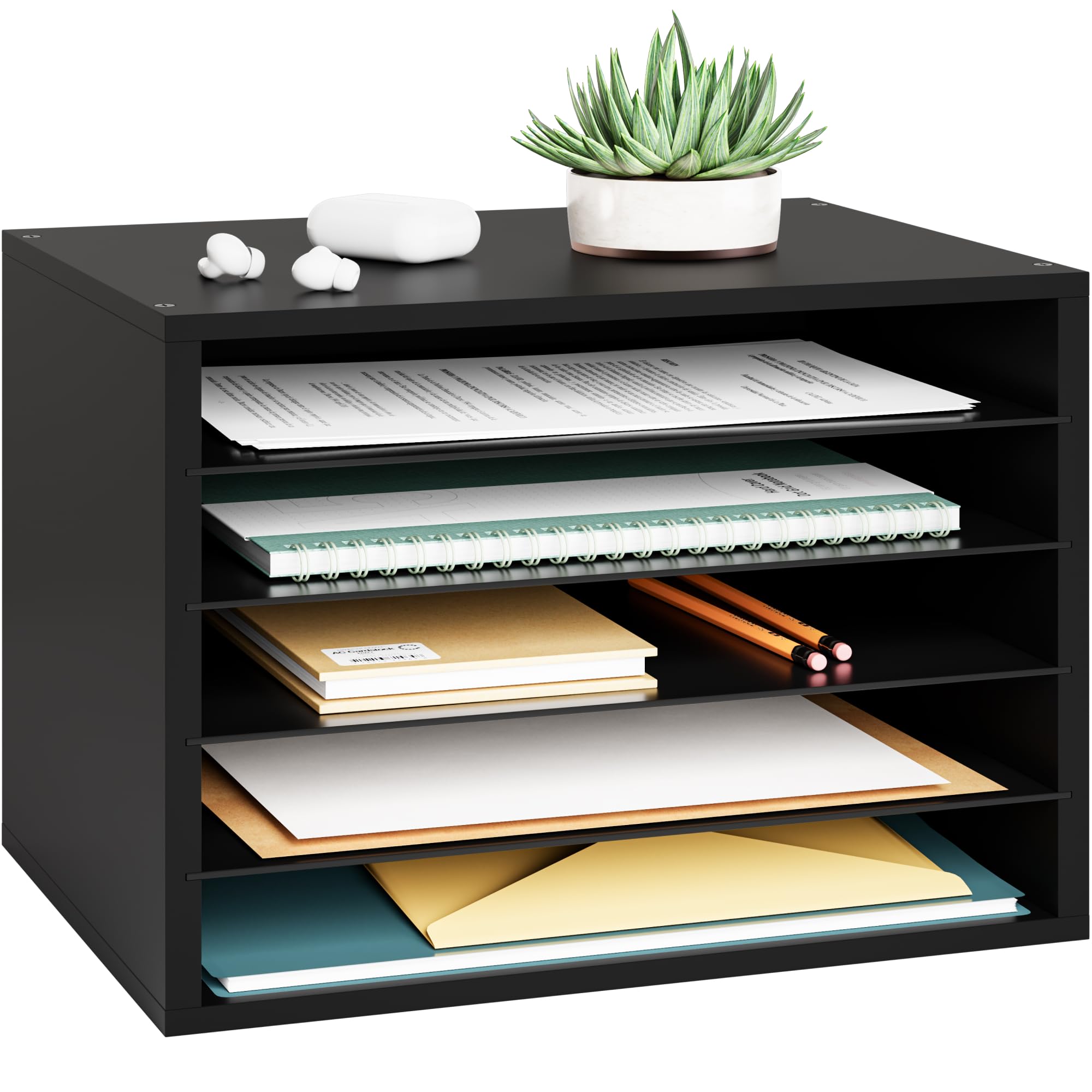 Ballucci 5 Tier Paper Organizer Letter Tray, Wood Desk File Organizer with Adjustable Shelves, Home Office School Letter/A4 Mail Sorter Magazine Holder - Black