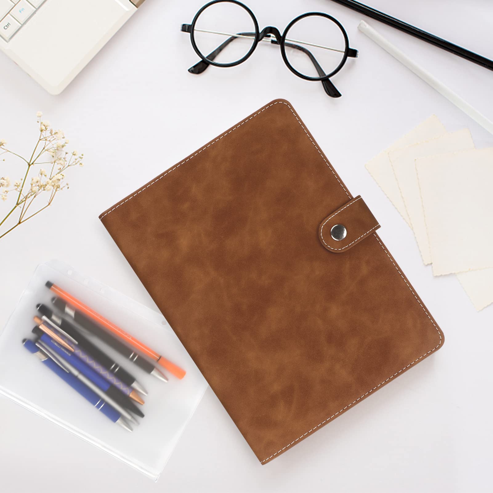 Colacoo Leather A5 Binder Notebook 6 Ring, Refillable Planner with Pockets, Dividers, Refill Paper, Travel Journal Cover Brown