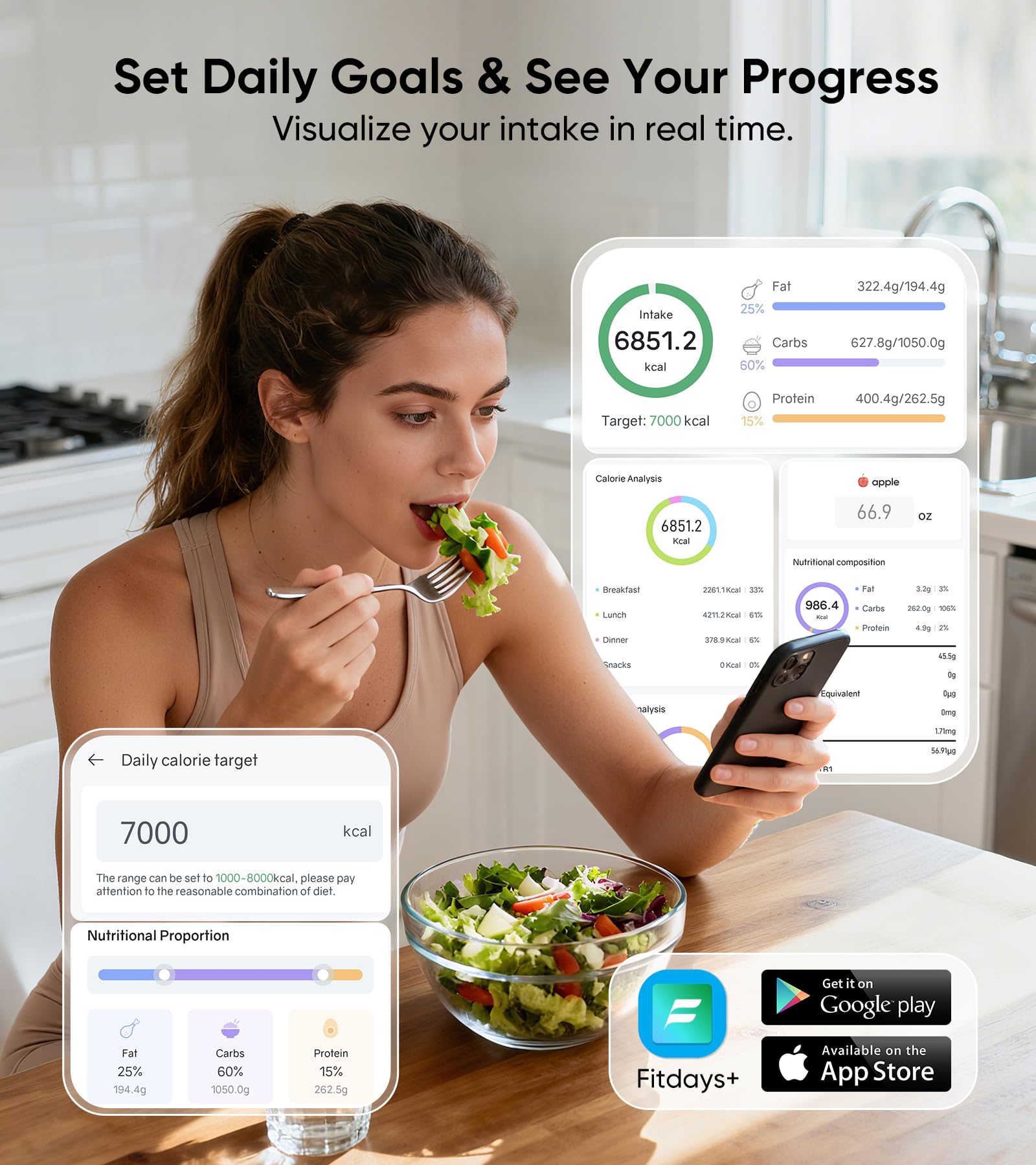 KUAIVO Smart Food Scale with TFT Display, Tracks Calories, Fat, Carbs & Protein, Works with App for Daily Nutrition Tracking, 50 Built-in Foods, 23 Nutrients, Digital Kitchen Scale for Meal Prep