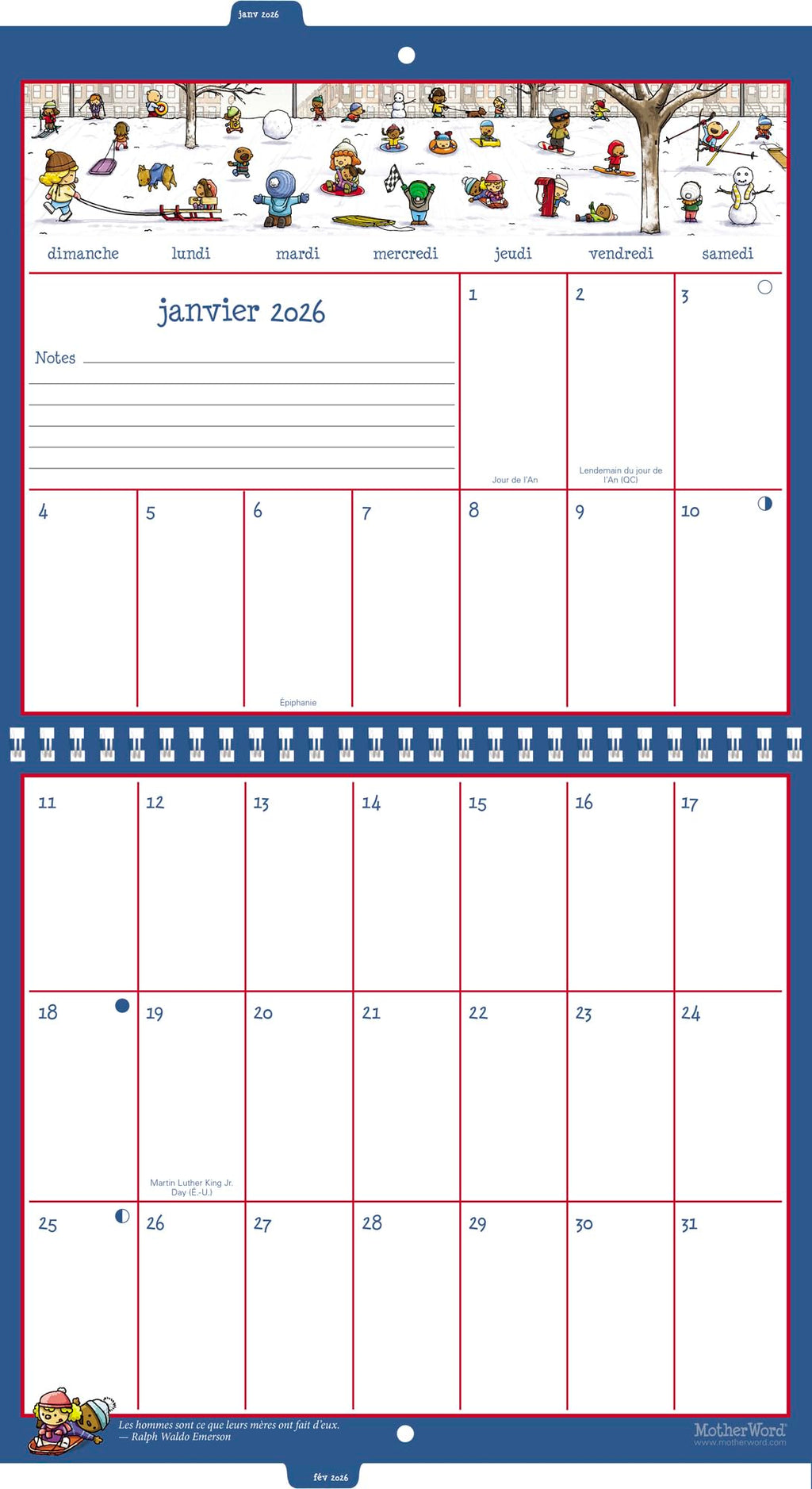 2026 MotherWord Ultimate Family Calendar, 16-Month Family Planner, Sept 2025-Dec 2026, French, Tabbed Wall Version, 12" x 21.5" (DDTF112826)