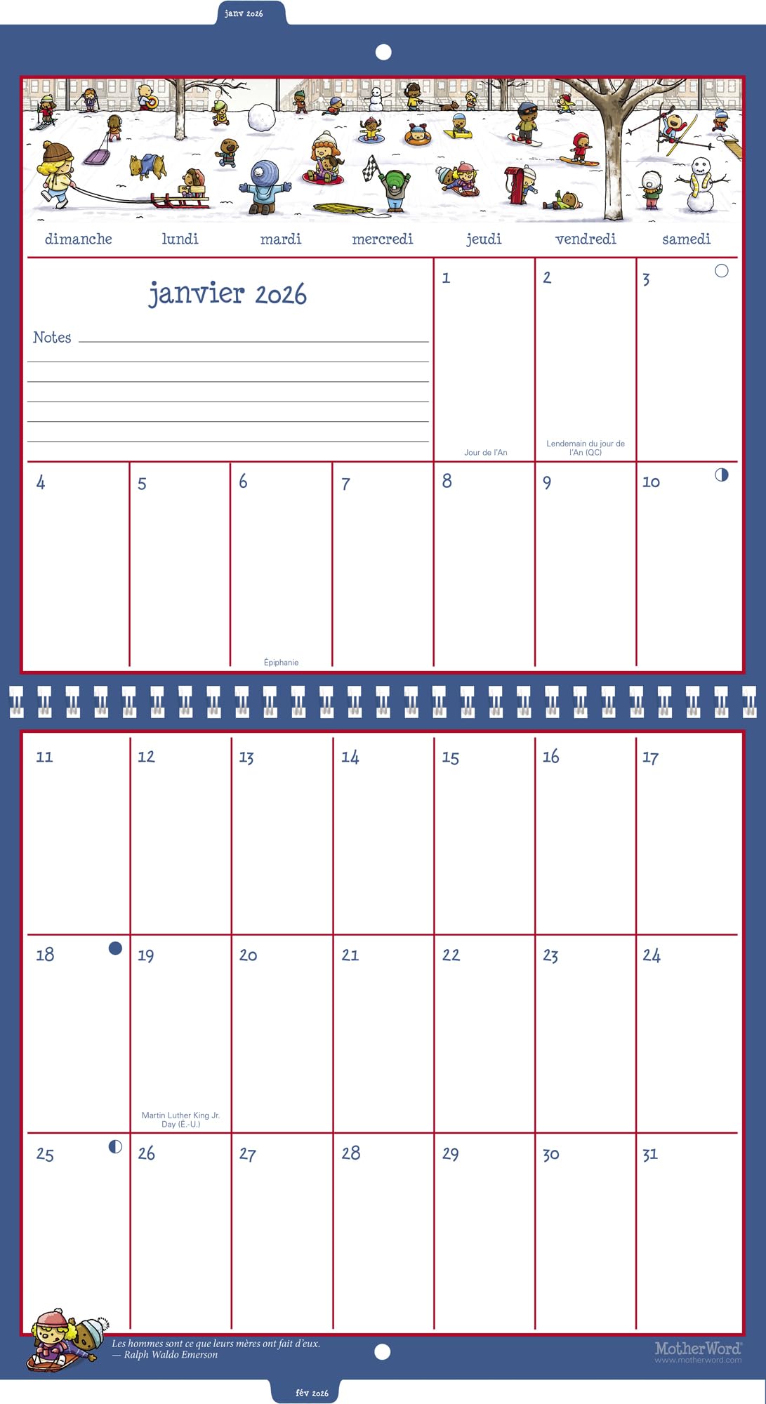 2026 MotherWord Ultimate Family Calendar, 16-Month Family Planner, Sept 2025-Dec 2026, French, Tabbed Wall Version, 12" x 21.5" (DDTF112826)