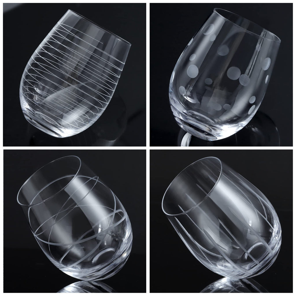 Joeyan 17.5 oz Handmade Etched Stemless Wine Glasses Set of 4, Carved Stripes Dots Crystal Wine Glasses, Large Glass Wine Tumblers for Wine Tasting, Wedding, Anniversary, Party