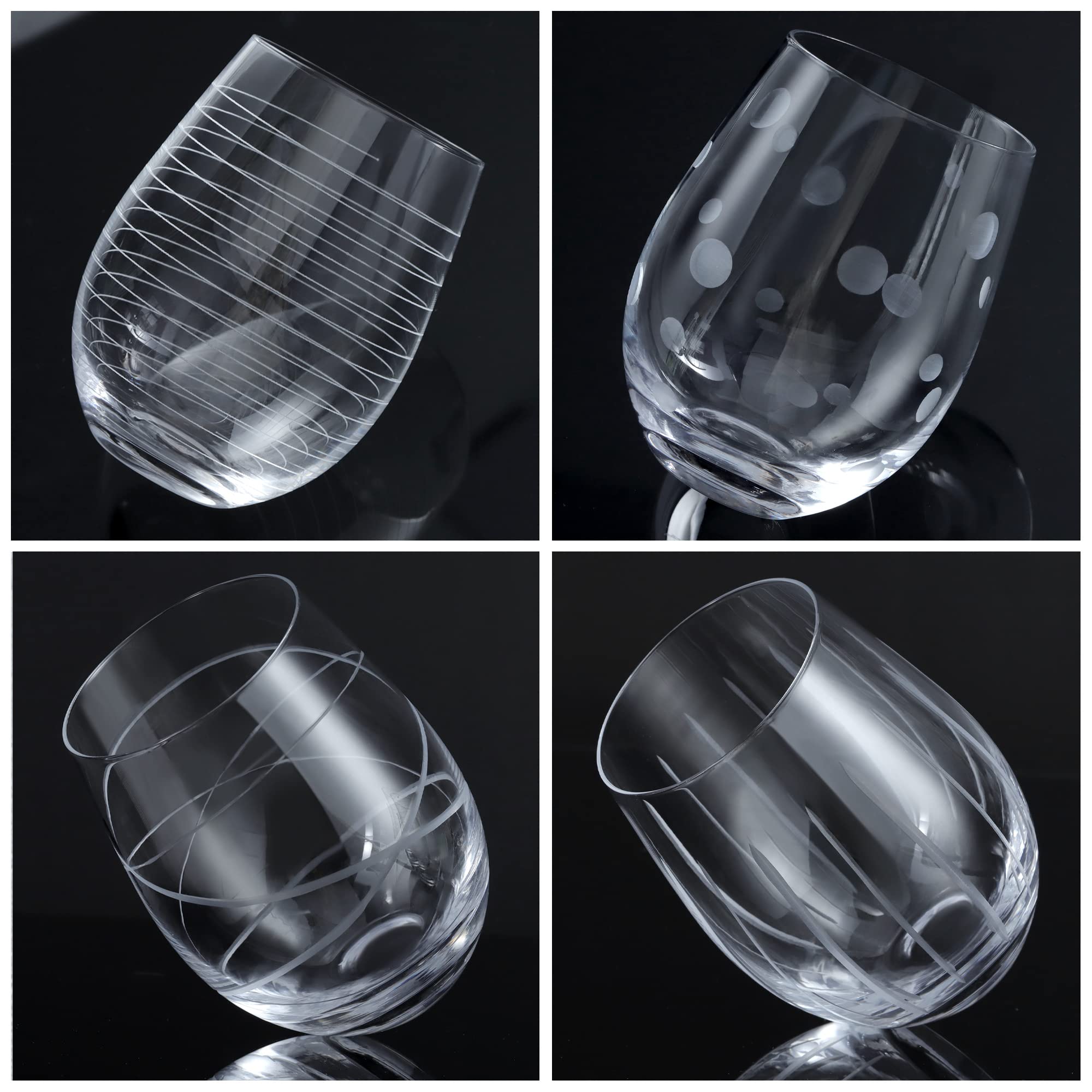 Joeyan 17.5 oz Handmade Etched Stemless Wine Glasses Set of 4, Carved Stripes Dots Crystal Wine Glasses, Large Glass Wine Tumblers for Wine Tasting, Wedding, Anniversary, Party