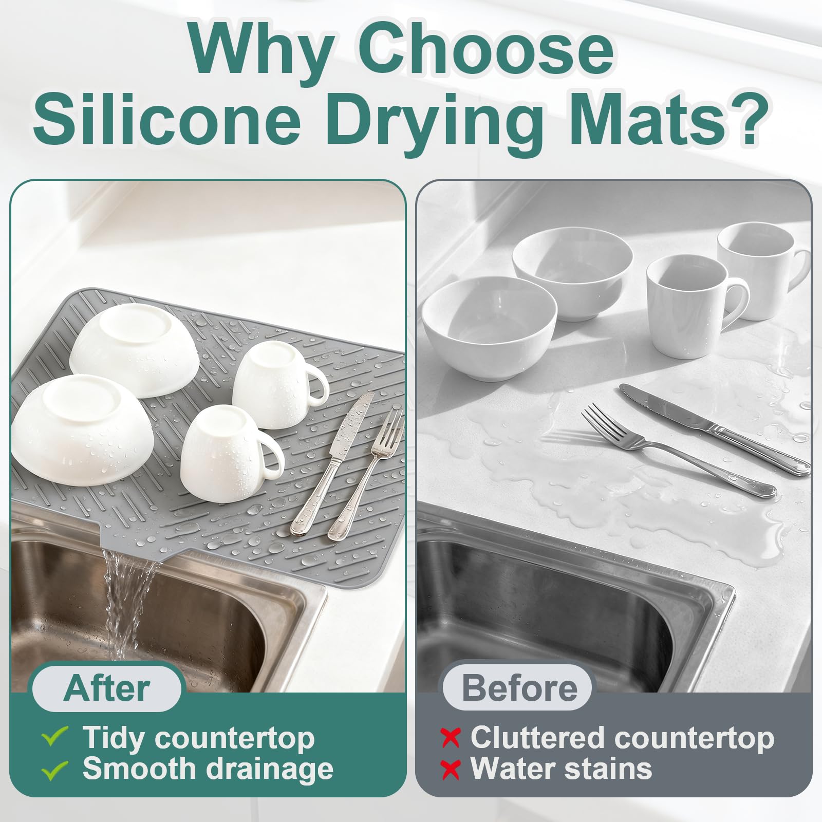 SCYFREID Silicone Dish Drying Mat 23x17 Multiple Usage,Easy clean,Eco-friendly,Heat-resistant Silicone Mat Dish Drying Mats For Kitchen Counter or Sink,Refrigerator or Drawer liner Gray 23inchx17inch