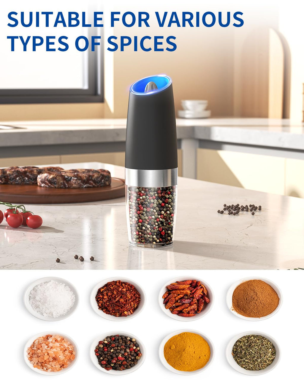 CIRCLE JOY Electric Pepper Grinder Gravity Sensor Automatic Pepper Mill Grinder with Adjustable Coarseness, Led Light, Battery Operated with 135ml Capacity