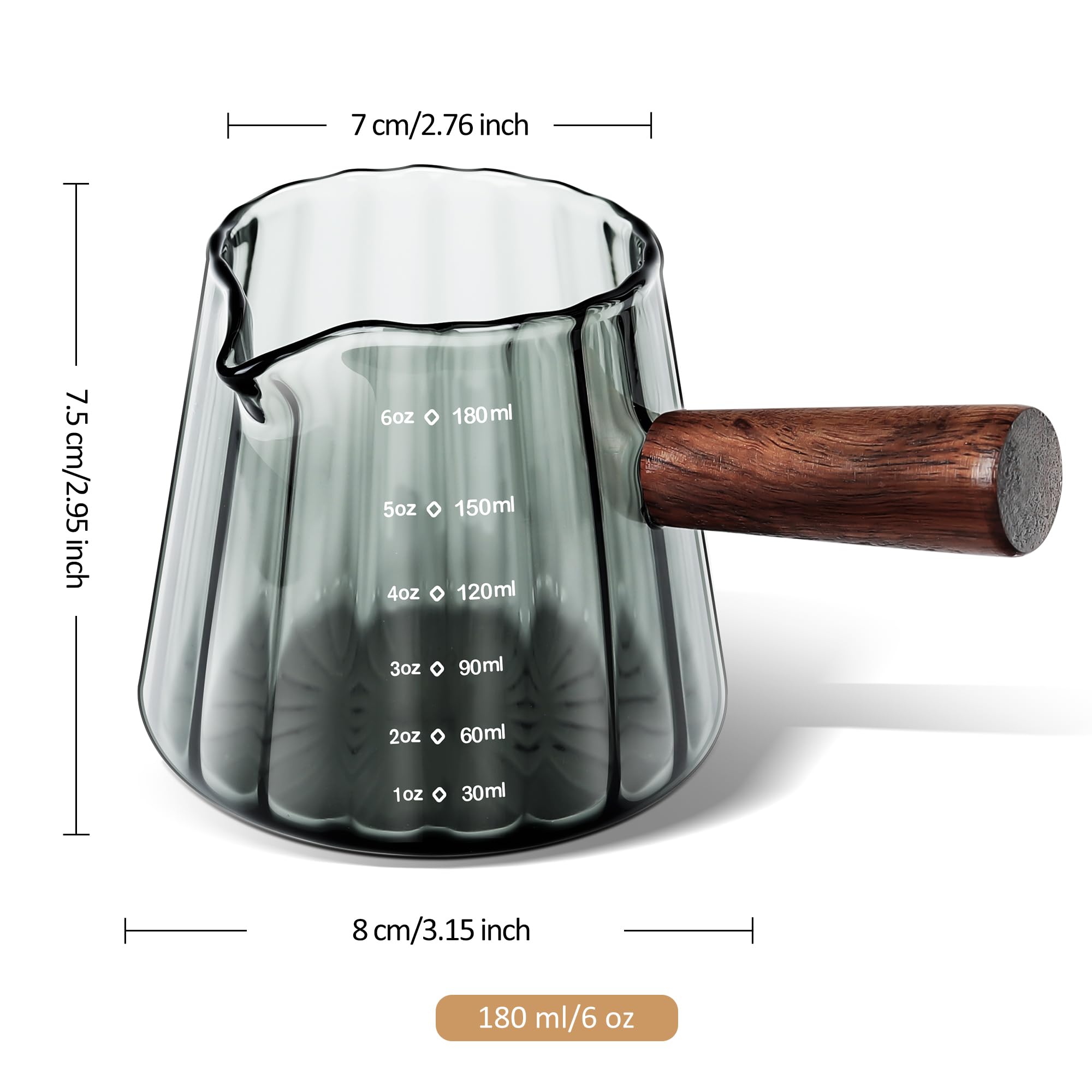 Joeyan 6 oz Grey Glass Measuring Cups with Spout,Borosilicate Glass Triple Pitcher with Scale,Origami Style Espresso Shot Glasses with Wood Handle for Coffee Milk,Dishwasher Safe