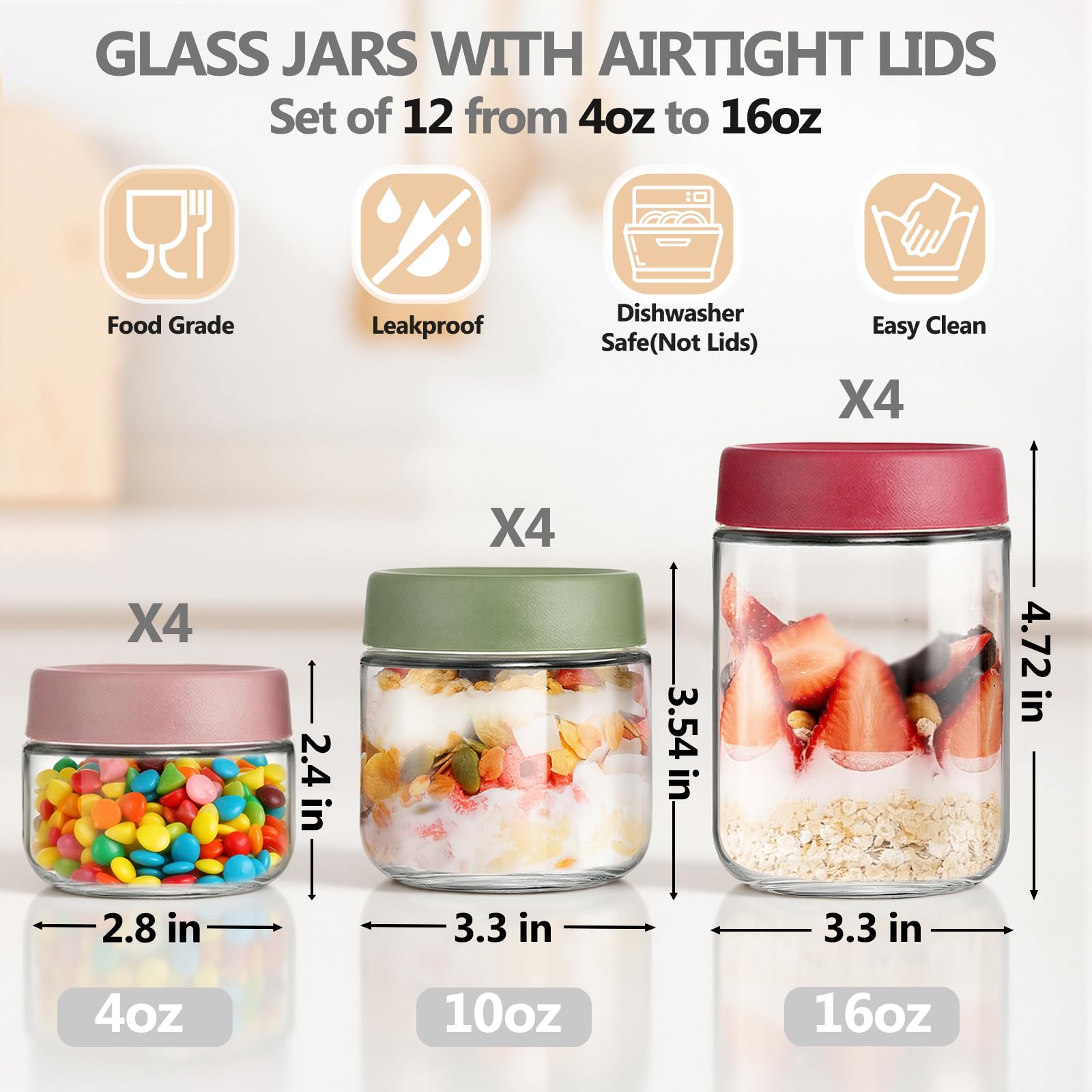 TBWIND 12 Pack 4oz 10oz 16oz Glass Jars with Lids, Wide Mouth Mason Jars, Overnight Oats Containers with Airtight Lids, Salad, Yogurt Storage, Chia Pudding, Snacks, Meal Prep, Sugar - Reusable
