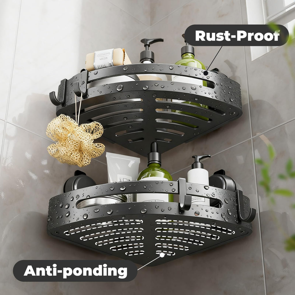 Shower Caddy Corner,Suction Cup Shower Caddy with Hooks,No Drilling Rustproof Aluminum Bathroom Organizers and Storage,Shelves for Bathroom Accessories Decor (2)