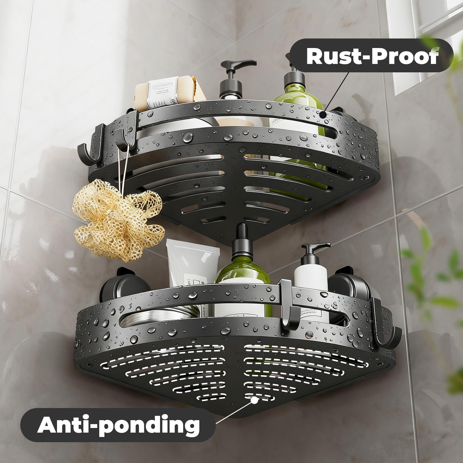 Shower Caddy Corner,Suction Cup Shower Caddy with Hooks,No Drilling Rustproof Aluminum Bathroom Organizers and Storage,Shelves for Bathroom Accessories Decor (2)