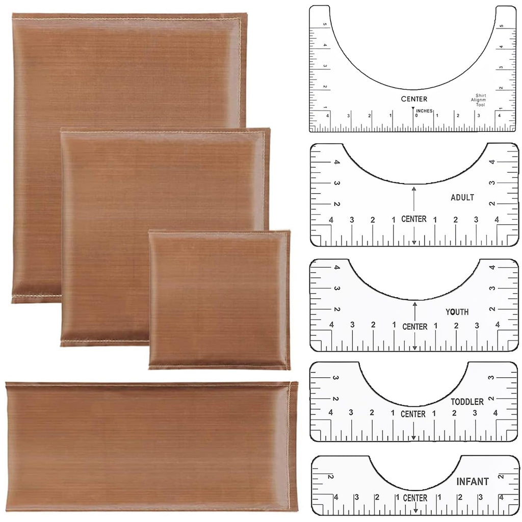 9 Pack Heat Press Pillow Mat Kits - 4 Size Teflon Heat Pressing Transfer Pillows with 5 Size Tshirt Ruler Guide for Vinyl Alignment