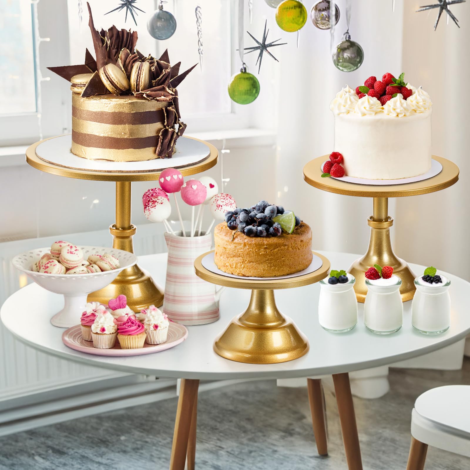 yarlung 3 Pack Gold Cake Stands, 8/10/12 Inch Metal Cupcake Display Stand Pillar Style Dessert Stand for Wedding, Party, Birthday, Celebration, 3 Sizes