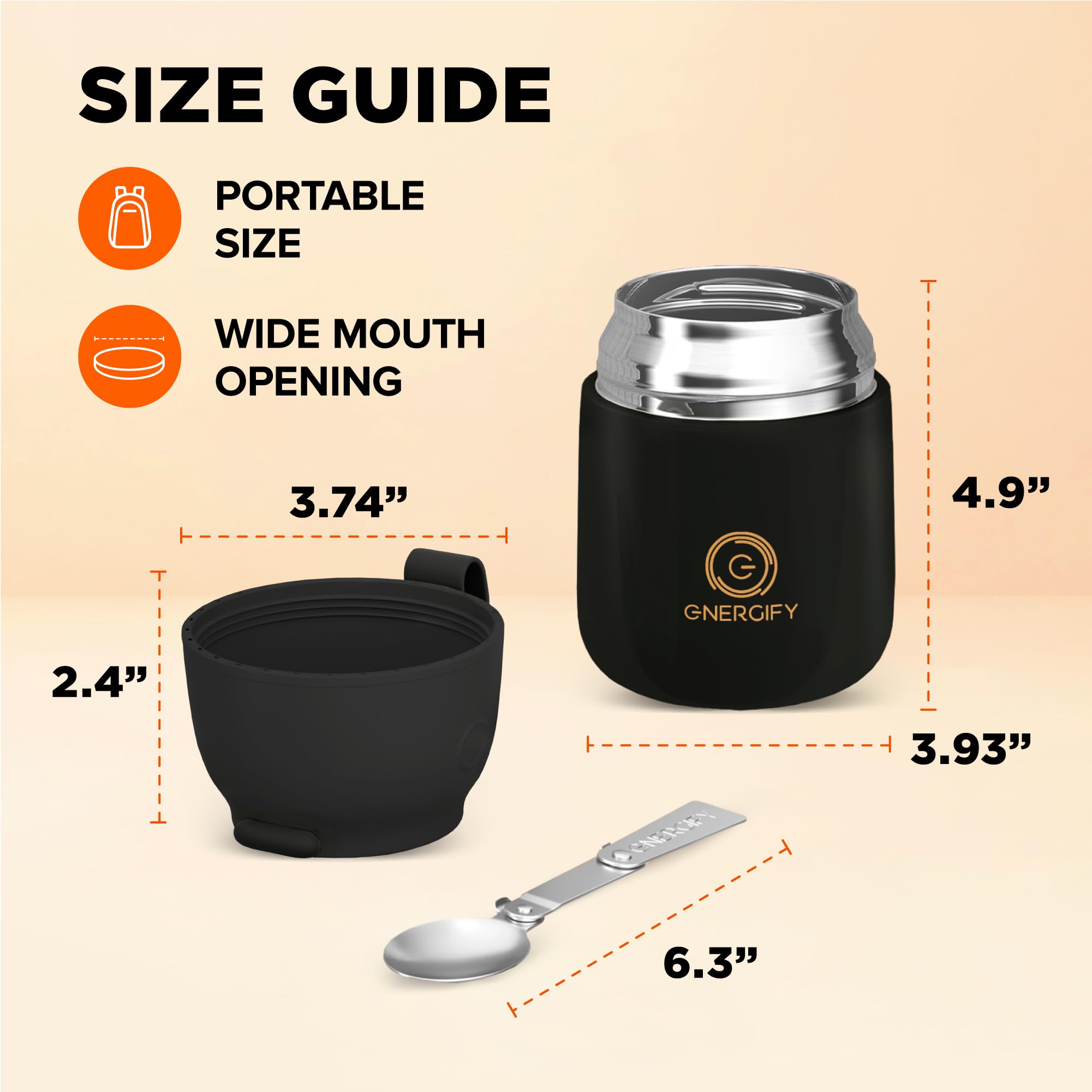Vacuum Insulated Food Jar. Bowl incl. Folding Spoon, Cup. Wide Mouth Keep Hot & Cold Drinks Soup Lunch Container for Adults. BPA-Free Stainless Steel, Leak Proof Black Matte, 17oz