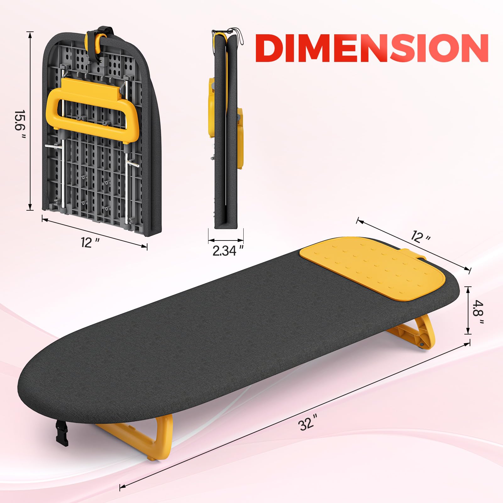 APEXCHASER Ironing Board Foldable with Orange Silicon Iron Mat, Tabletop Small Iron Board with Heat Resistant Cover, Portable Ironing Board with Non-Slip Feet for Home Travel Use 12x32 Black