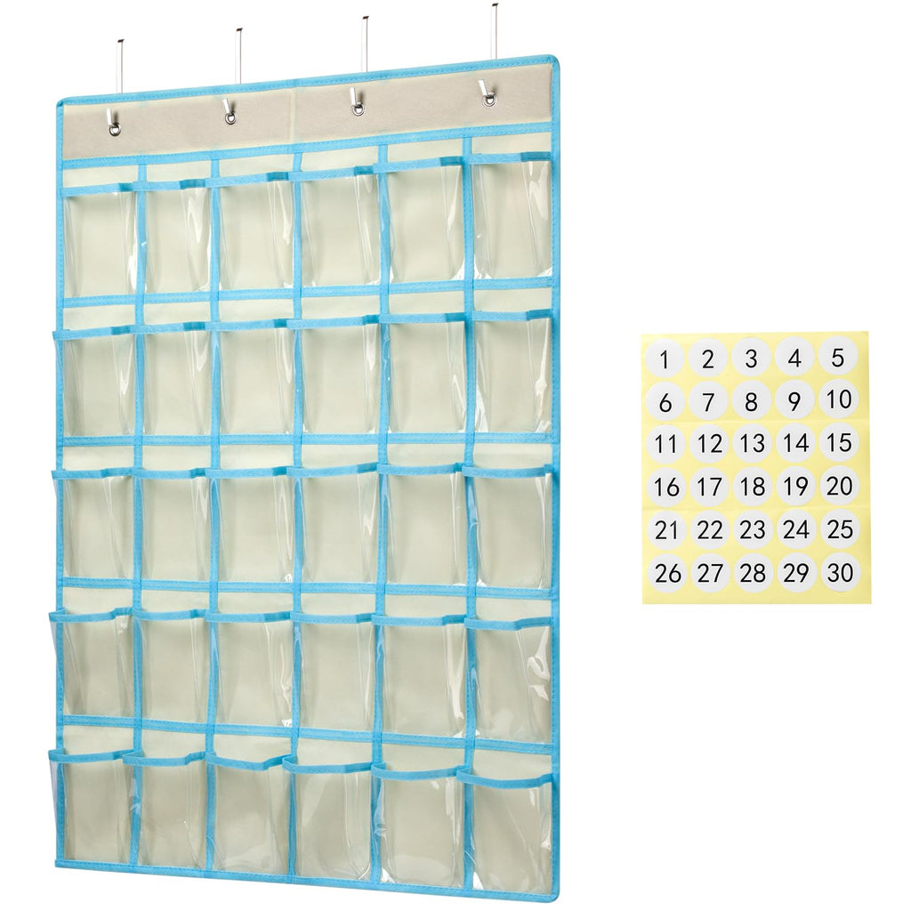 KEEPJOY Hanging Cell Phone Organizer, Classroom Pocket Chart for Calculator Holder with 30 Pockets,Size:33.5 x 24.5 Inch Clear Pocket Chart (Off White)
